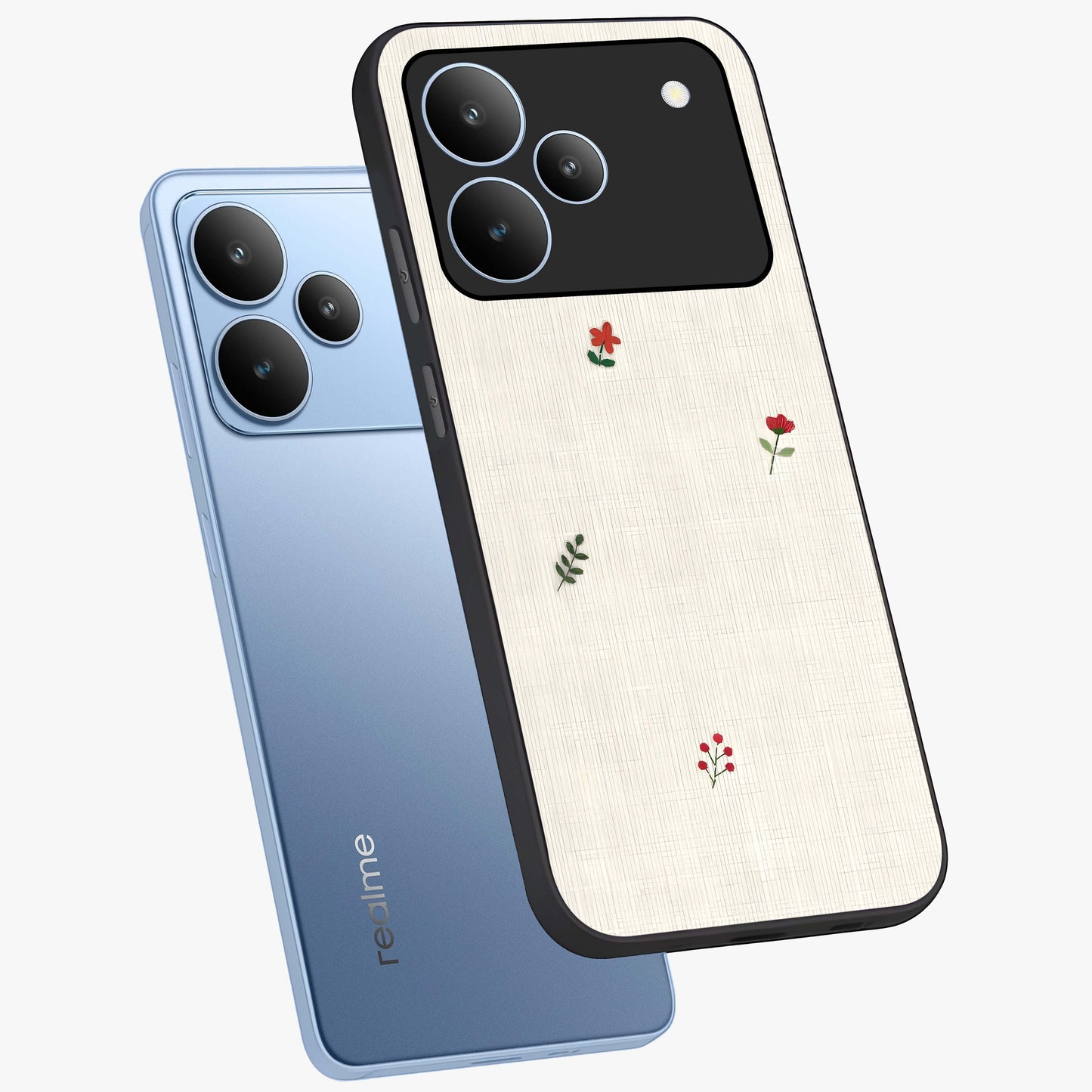 Minimalistic Blue With White Flower Pattern Glass Case displayed in angled mockup highlighting simple floral design with minimal aesthetic.