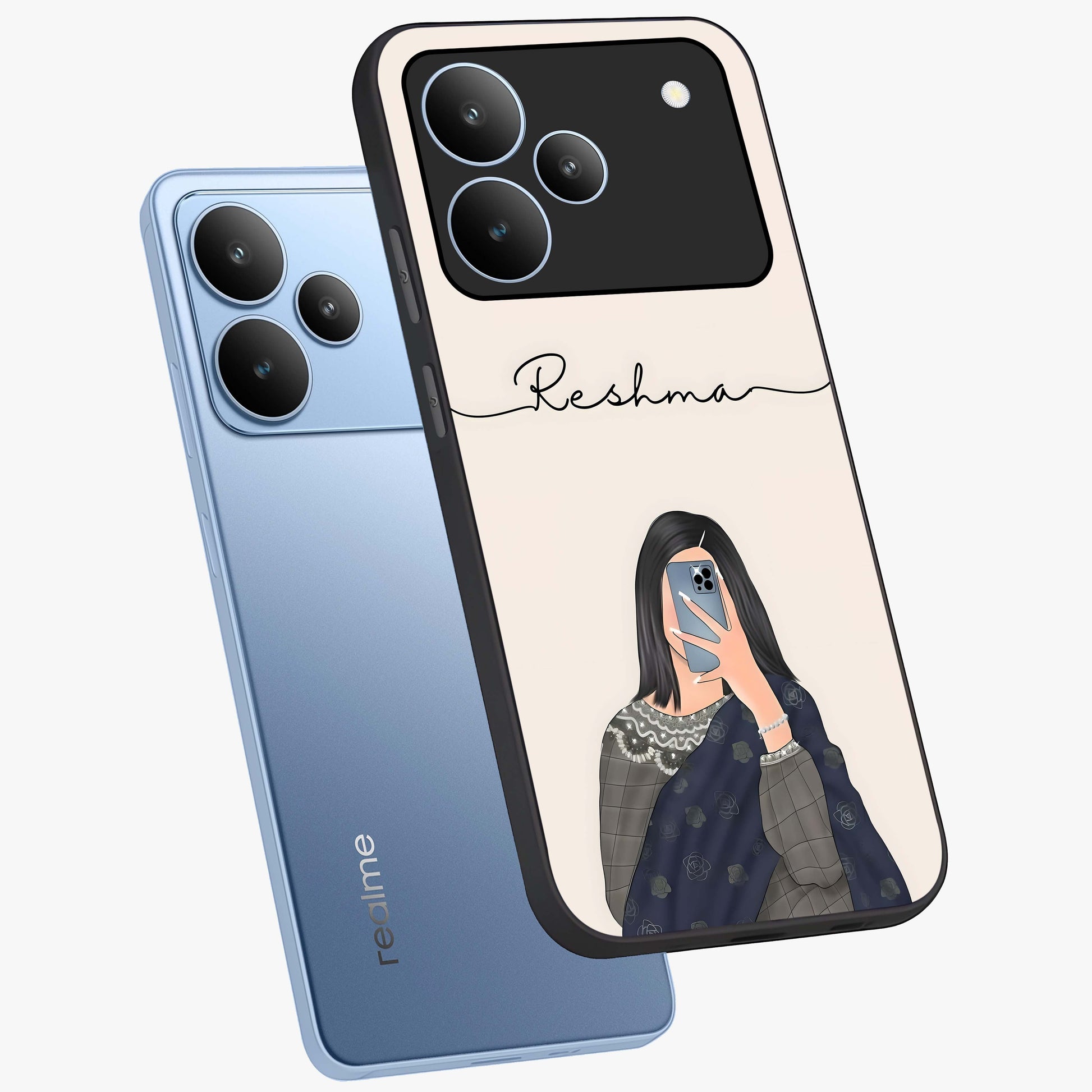 Mirror Mood Muse With Custom Name Glass Case displayed in angled mockup highlighting aesthetic mirror inspired design with custom name feature.
