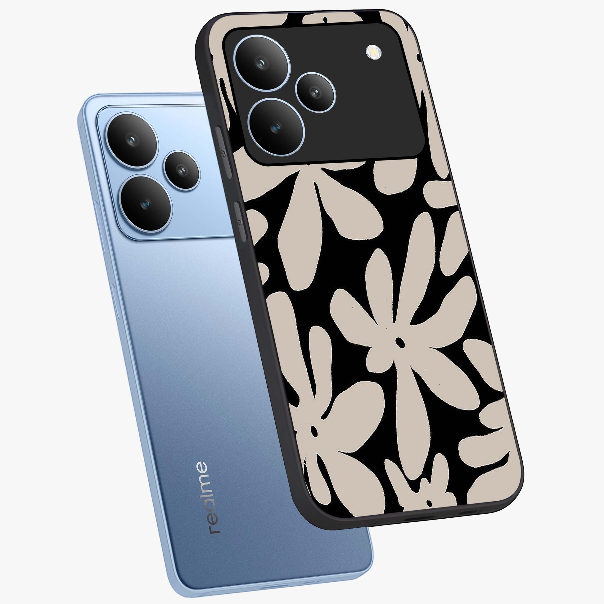 Monochrome Petal Dance Glass Case displayed in angled mockup highlighting elegant petal design with black and white aesthetic.