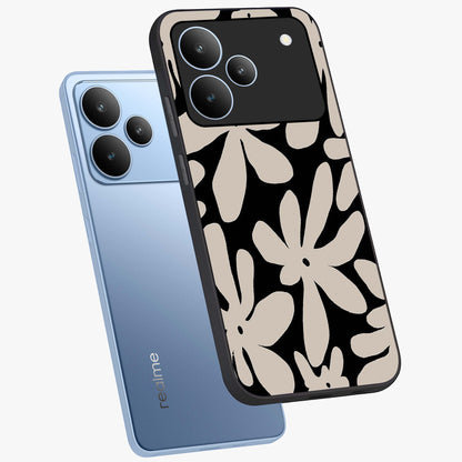 Monochrome Petal Dance Glass Case displayed in angled mockup highlighting elegant petal design with black and white aesthetic.