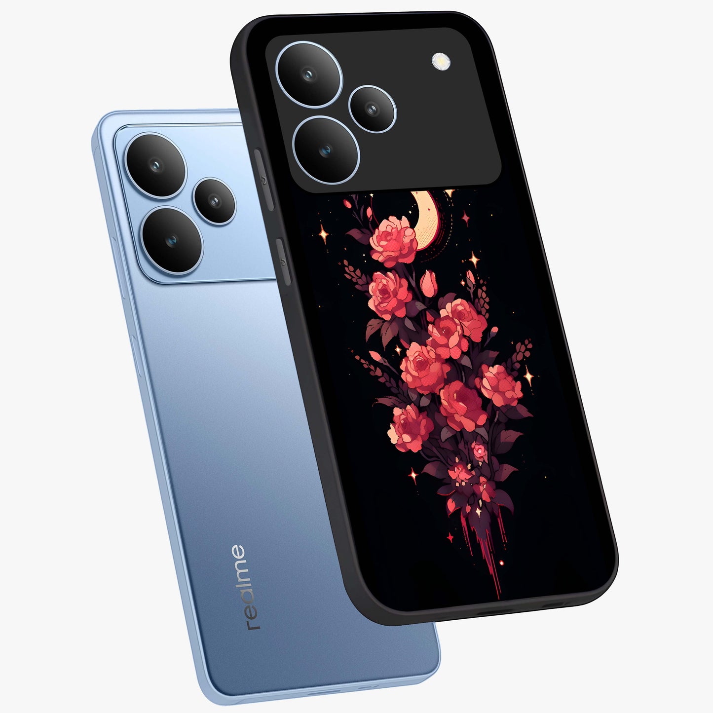 Moonlit Floral Elegance Glass Case displayed in angled mockup highlighting graceful flower design with soft moonlight aesthetic.