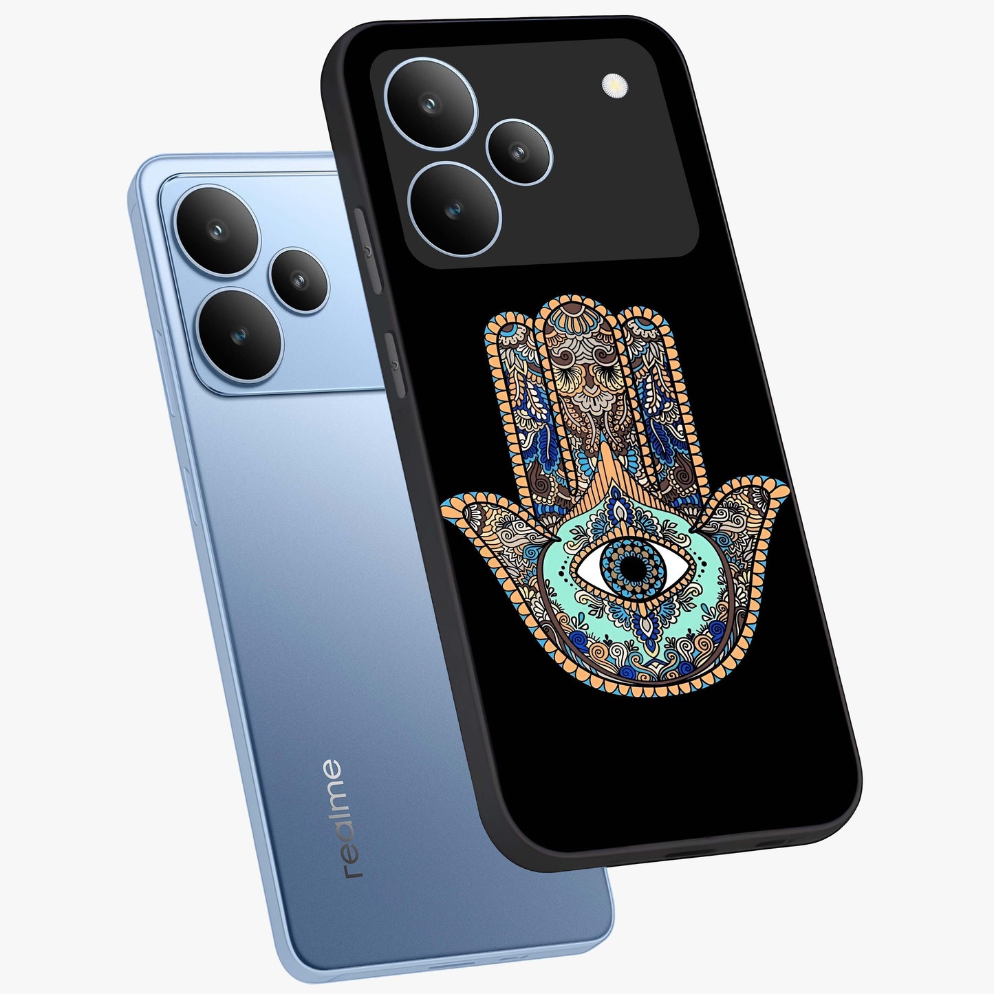 Mystic Hamsa Eye Glass Case displayed in angled mockup highlighting spiritual hamsa symbol with mystical aesthetic style.