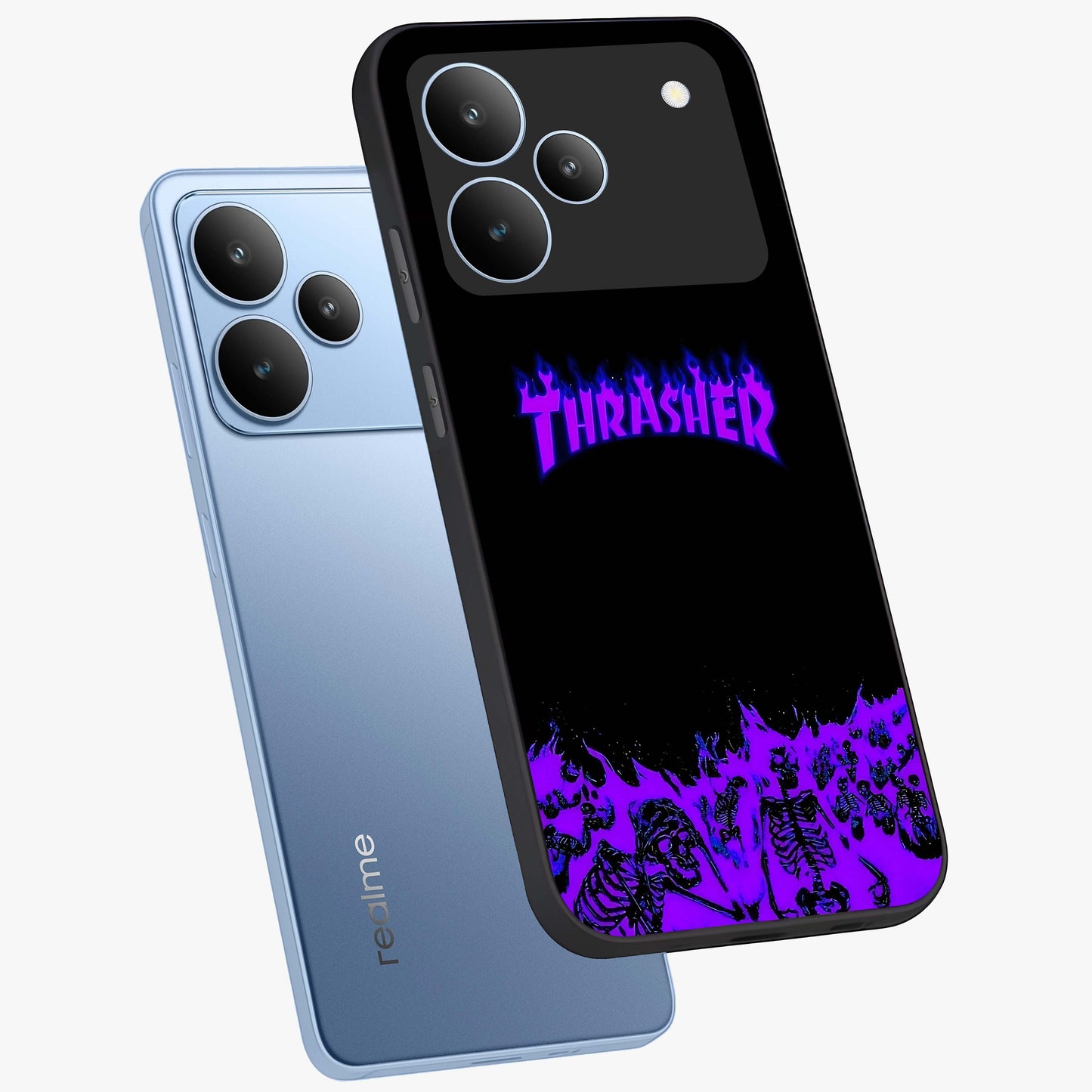 Neon Flame Riot Glass Case displayed in angled mockup highlighting glowing flame design with vibrant neon aesthetic.