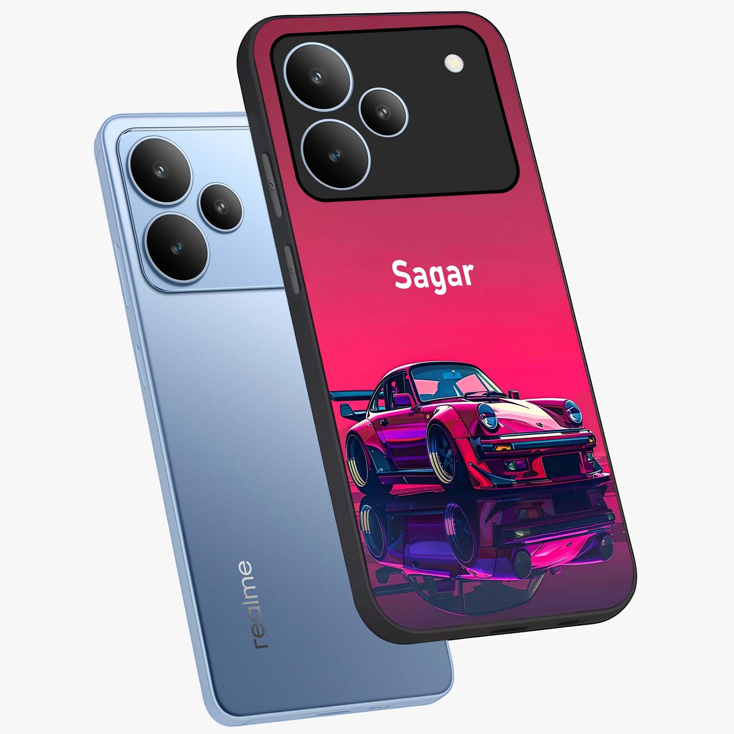Neon Pink Porsche Glass Case displayed in angled mockup highlighting sleek neon pink car design with racing aesthetic.