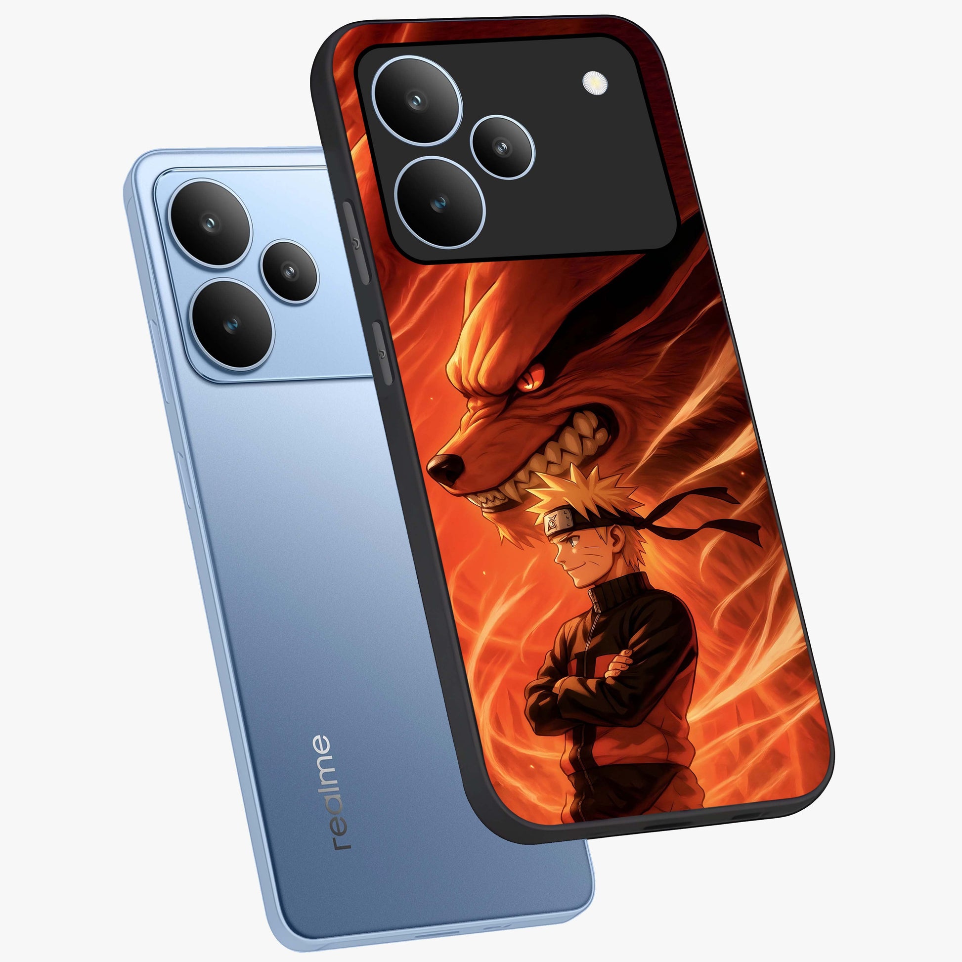 Nine Tails Legacy Glass Case displayed in angled mockup highlighting dynamic anime beast illustration with bold mystical aesthetic.