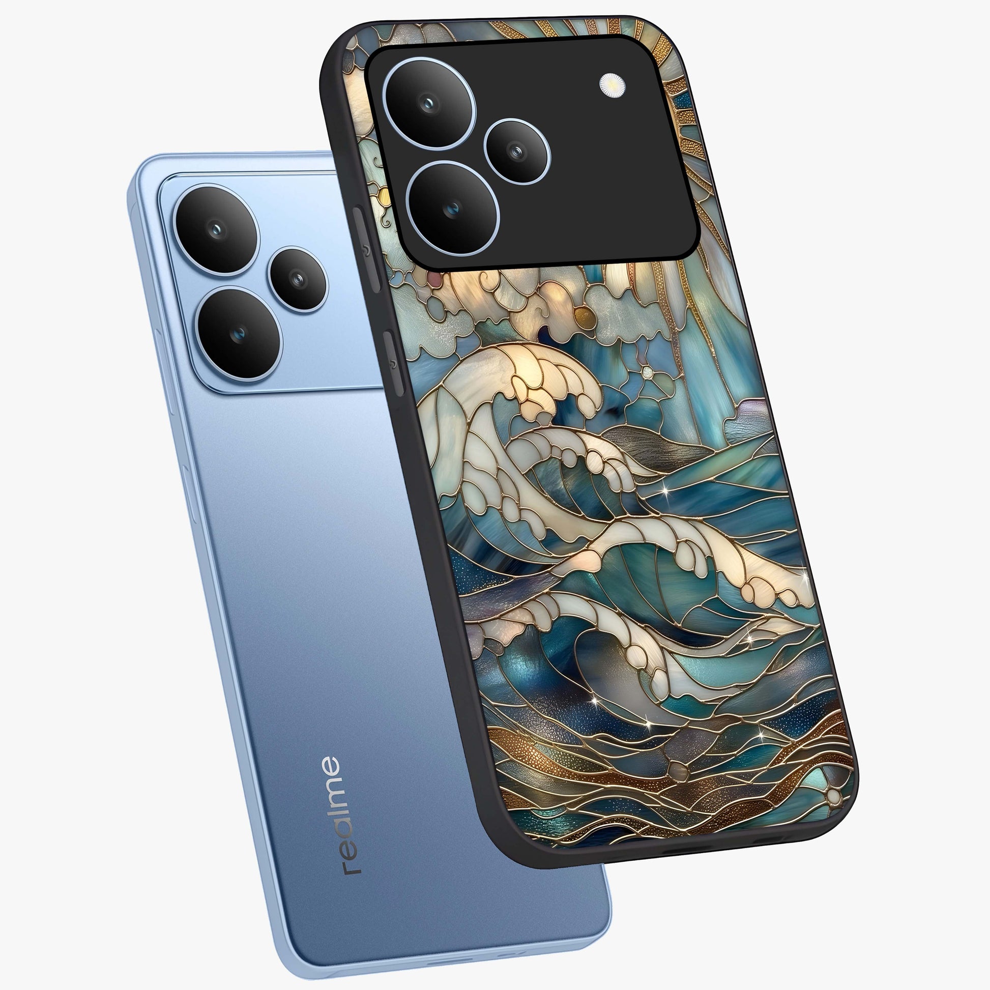 Oceanic Stained Printed Glass Case displayed in angled mockup highlighting colorful aquatic design with artistic aesthetic style.