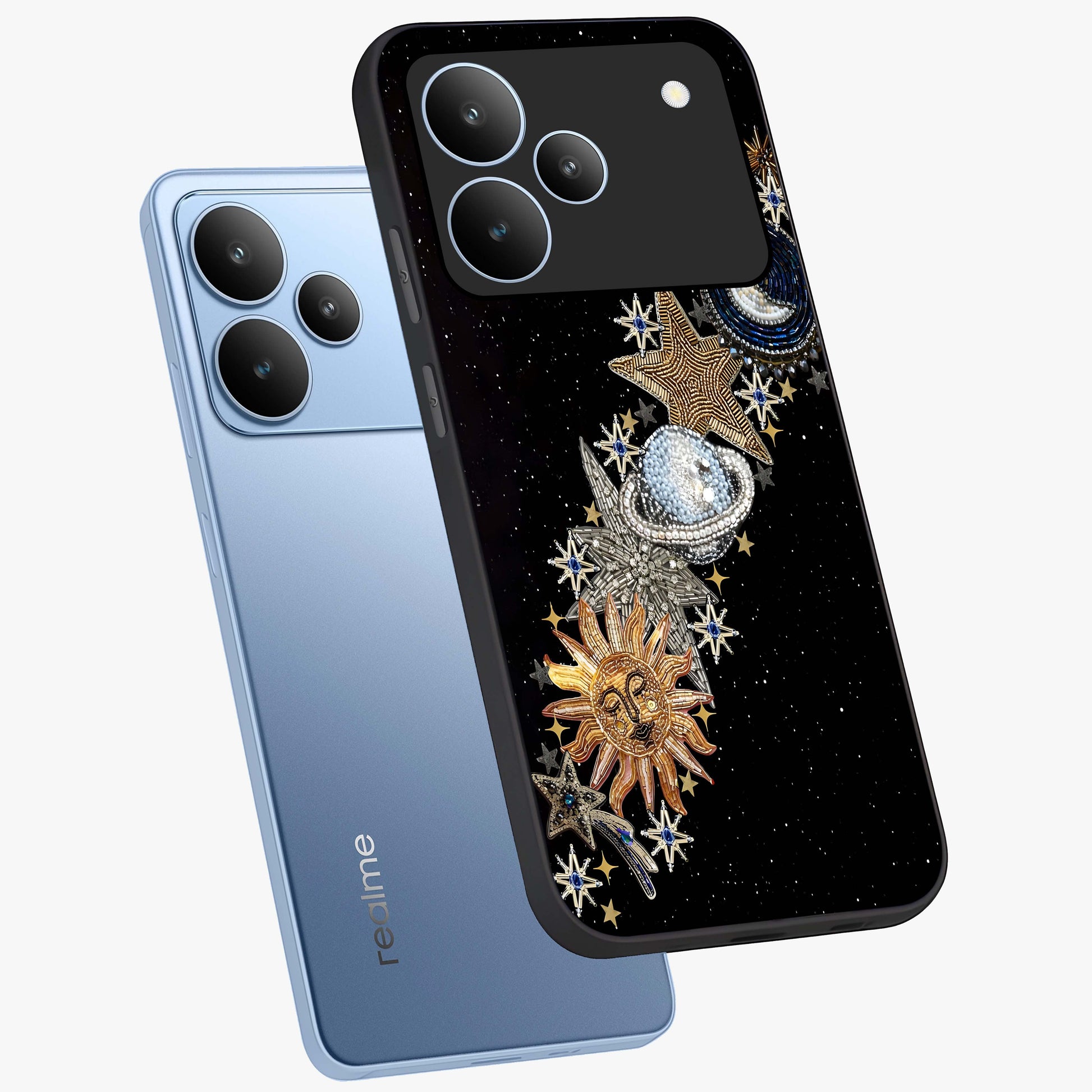 Pearls Universe Object Glass Case displayed in angled mockup highlighting celestial pearl design with dreamy aesthetic.