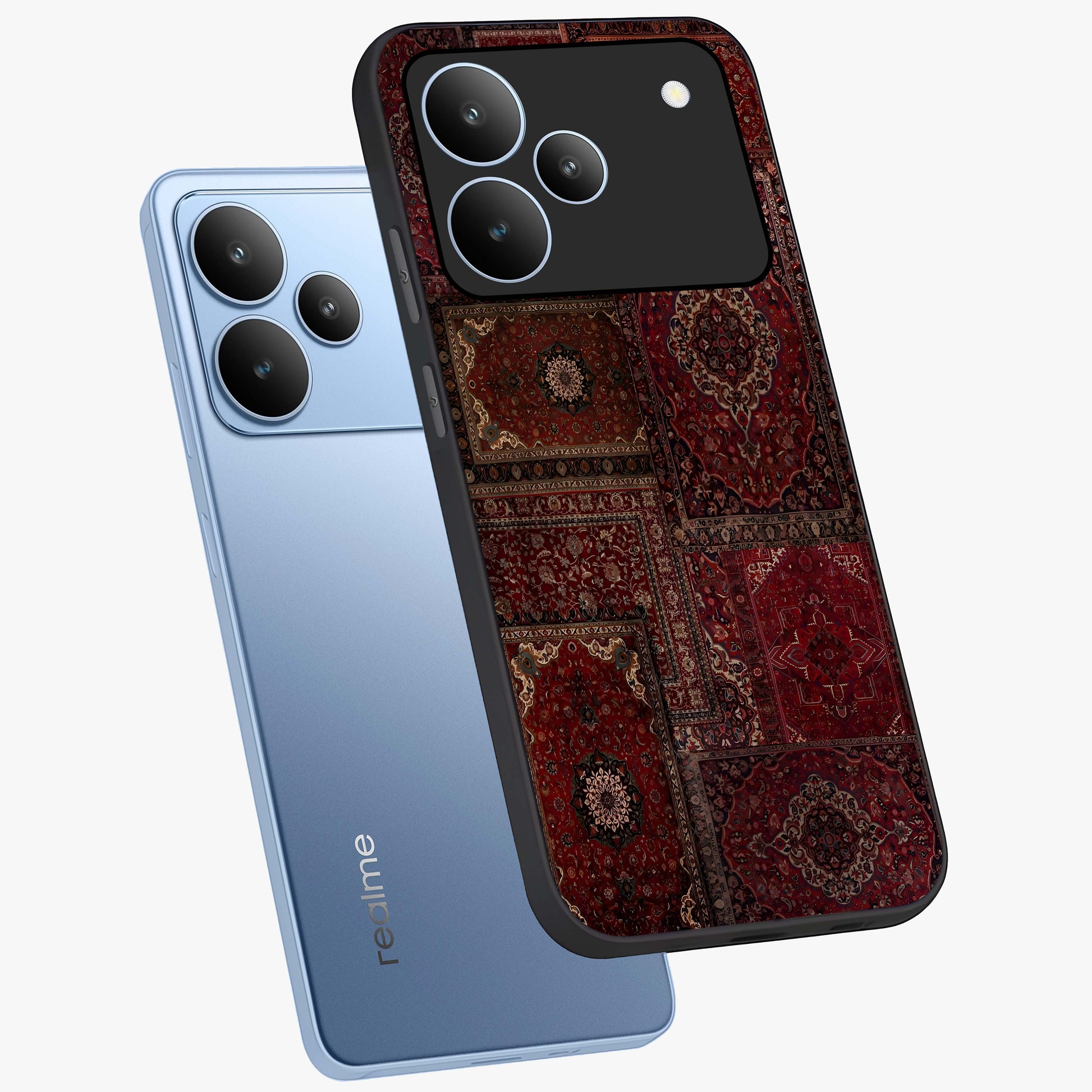 Persian Velvet Tale Glass Case displayed in angled mockup highlighting ornate textile inspired design with royal aesthetic.