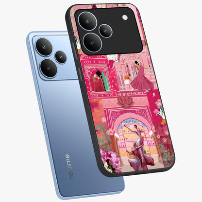 Pink Palace Muse Glass Case displayed in angled mockup highlighting dreamy palace illustration with soft pink aesthetic.