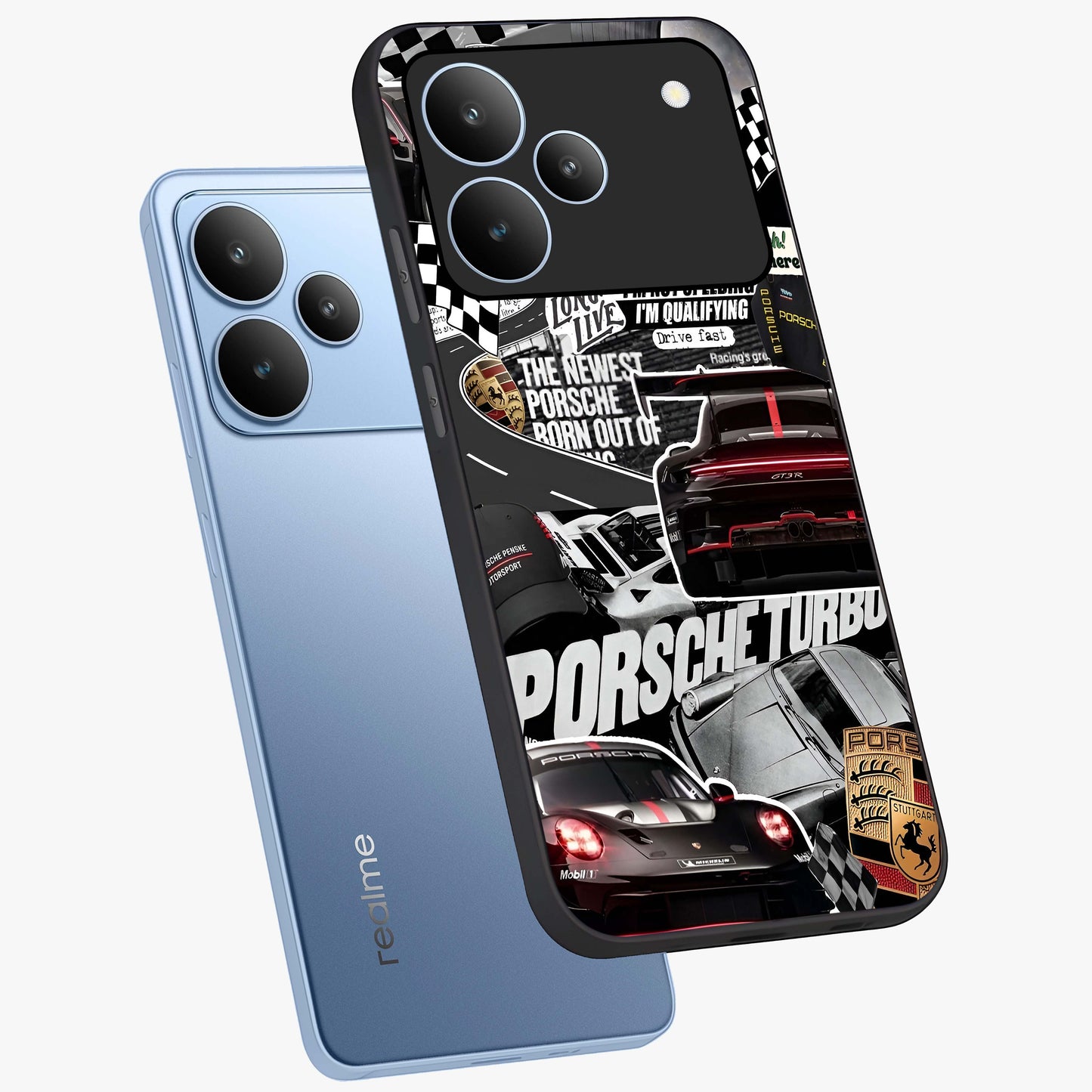Porsche Racing Collage Glass Case displayed in angled mockup highlighting dynamic automotive design with bold racing aesthetic.