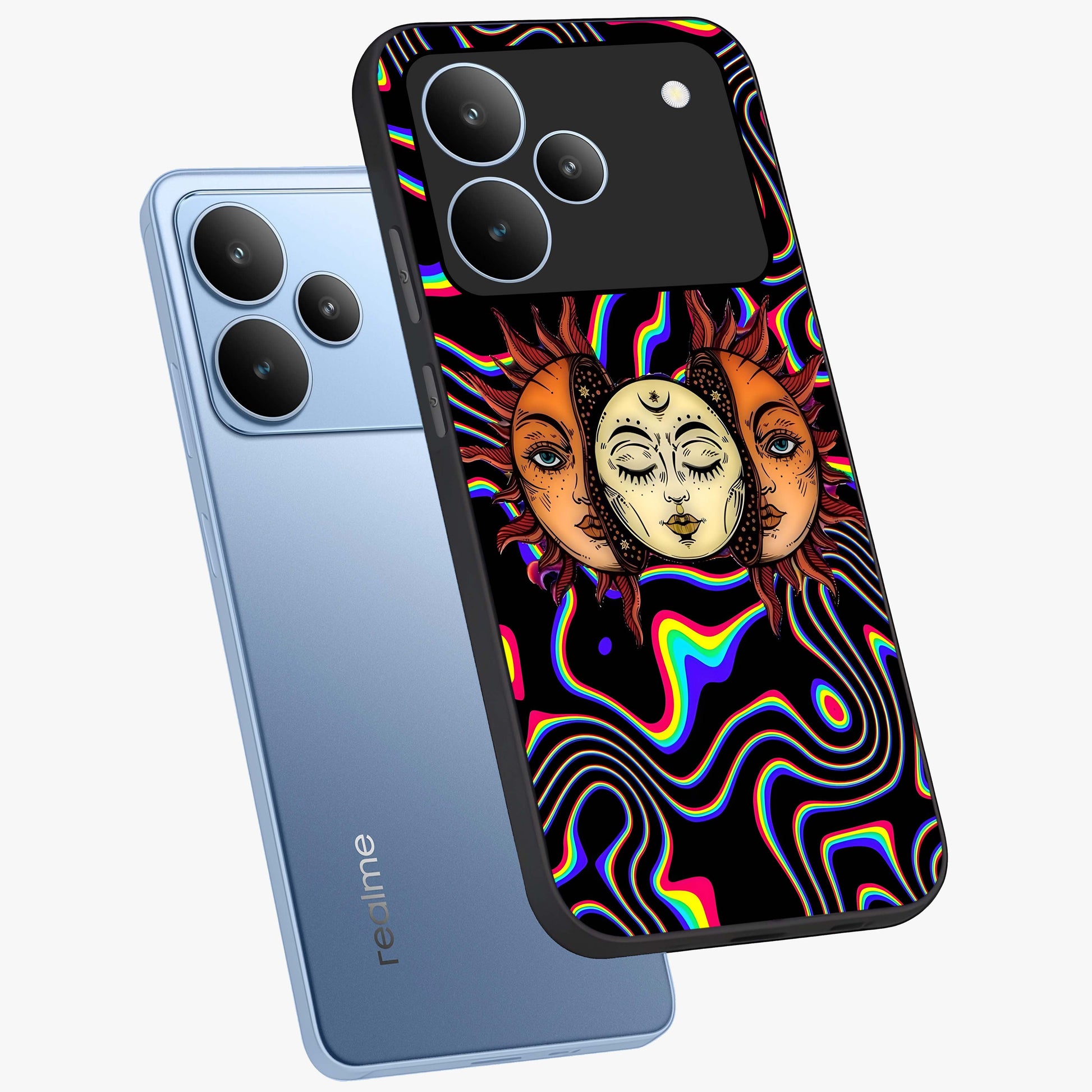 Psychedelic Sun Glass Case displayed in angled mockup highlighting vibrant abstract sun design with artistic aesthetic style.