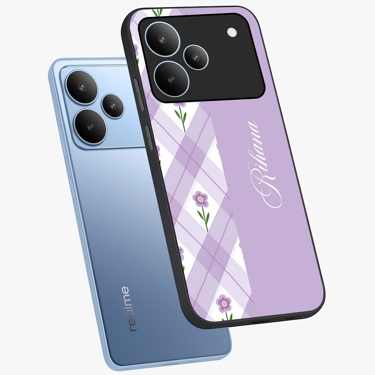 Purple Diamond Floral Glass Case displayed in angled mockup highlighting elegant purple flower design with decorative pattern.
