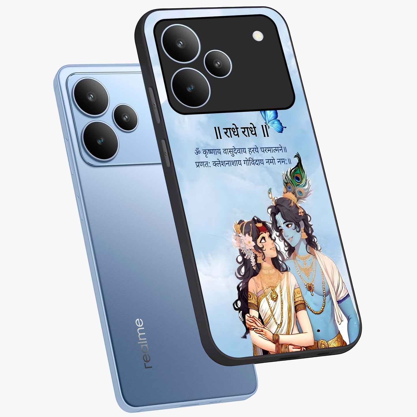 Radha Krishna Eternal Glass Case displayed in angled mockup highlighting divine Radha Krishna illustration with spiritual aesthetic.