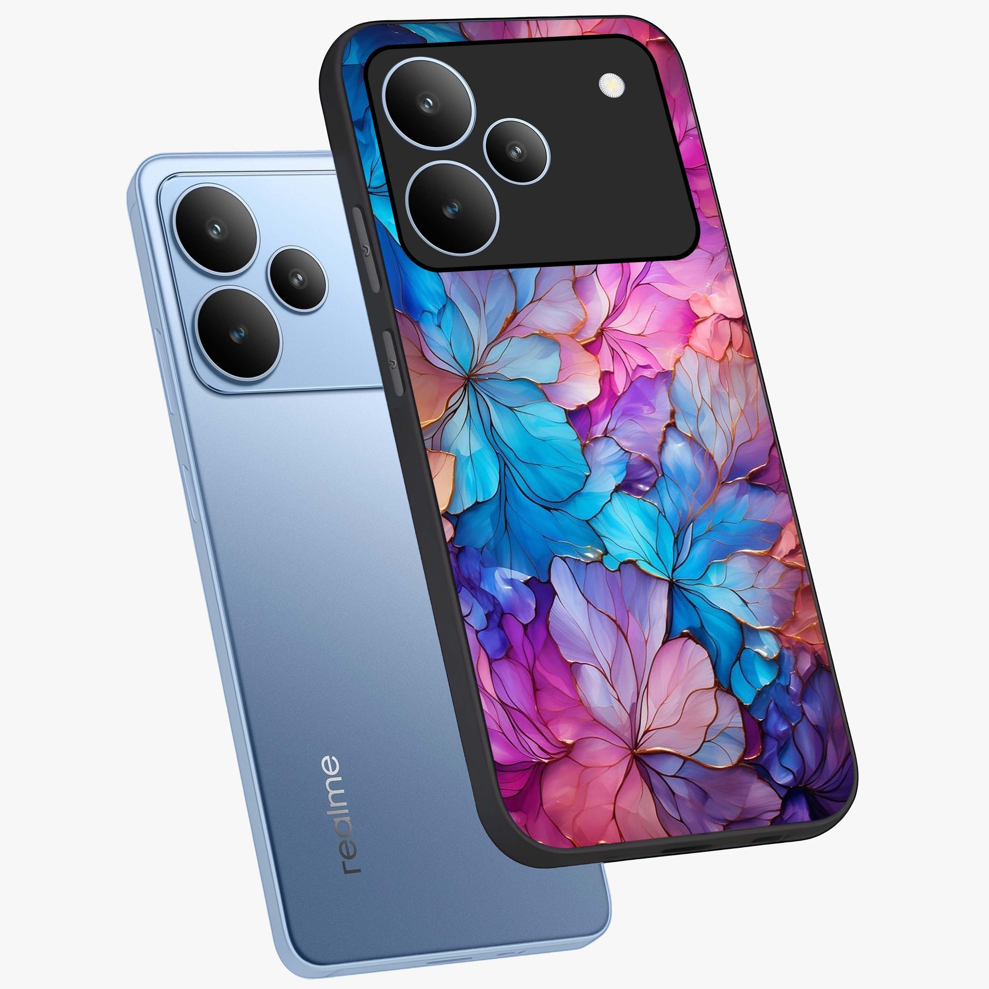 Radiant Floral Whirl Glass Case displayed in angled mockup highlighting vibrant flower pattern with dynamic artistic aesthetic.