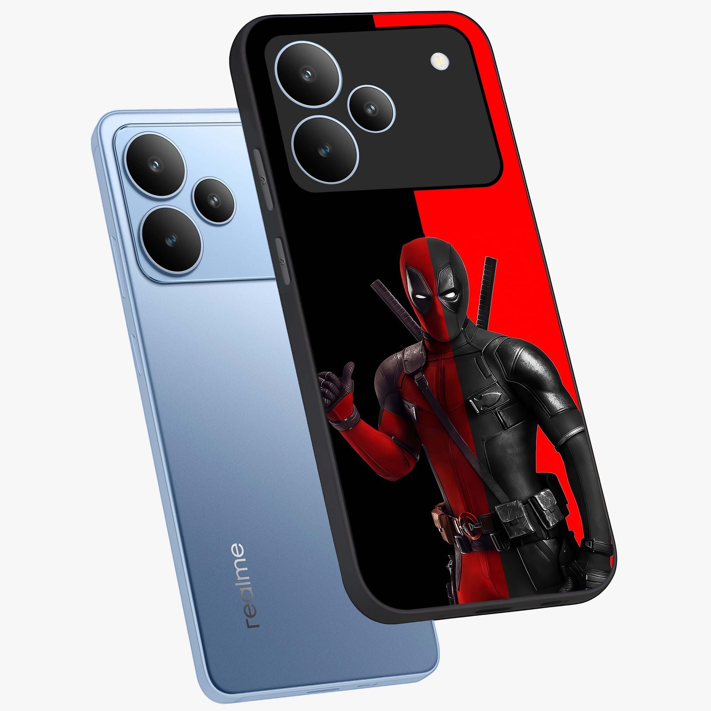 Red & Black Deadpool Theme Glass Case displayed in angled mockup highlighting vibrant superhero style illustration with action aesthetic.