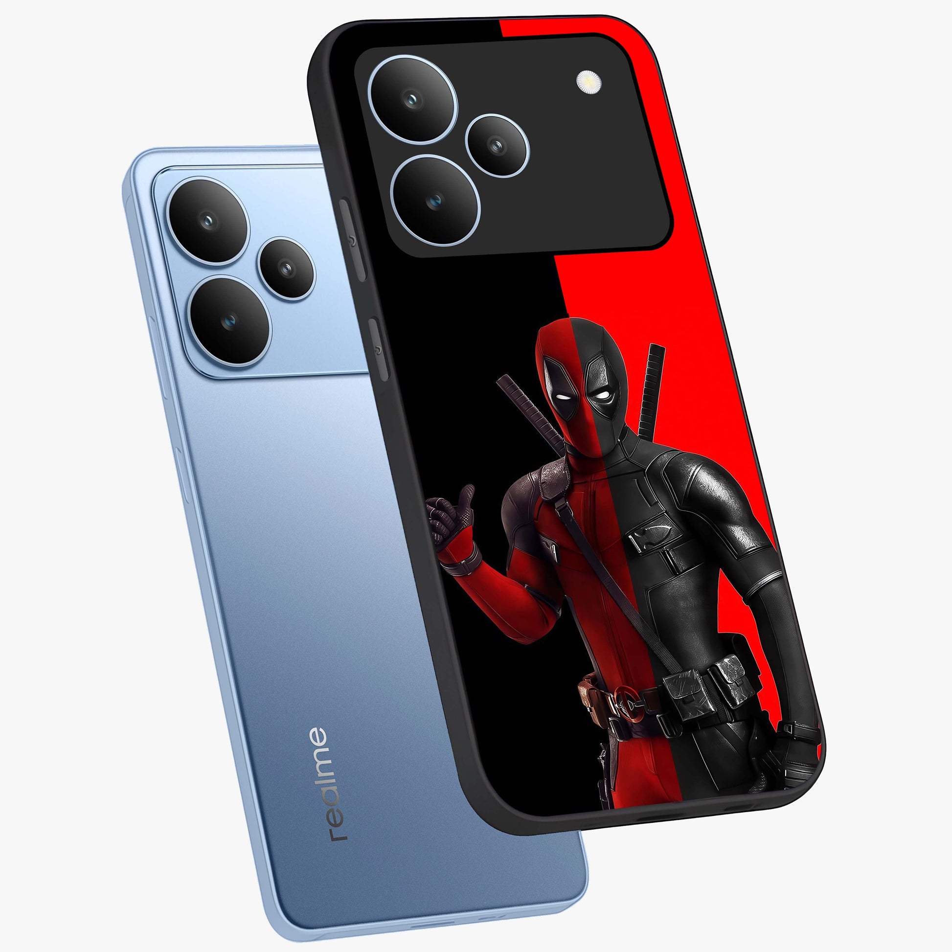 Red & Black Deadpool Theme Glass Case displayed in angled mockup highlighting vibrant superhero style illustration with action aesthetic.