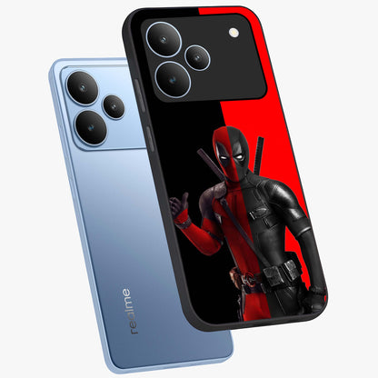 Red & Black Deadpool Theme Glass Case displayed in angled mockup highlighting vibrant superhero style illustration with action aesthetic.