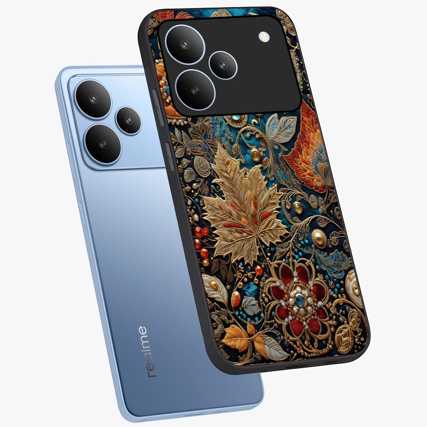 Royal Jewel Garden Glass Case displayed in angled mockup highlighting vibrant jewel inspired floral design with elegant aesthetic.