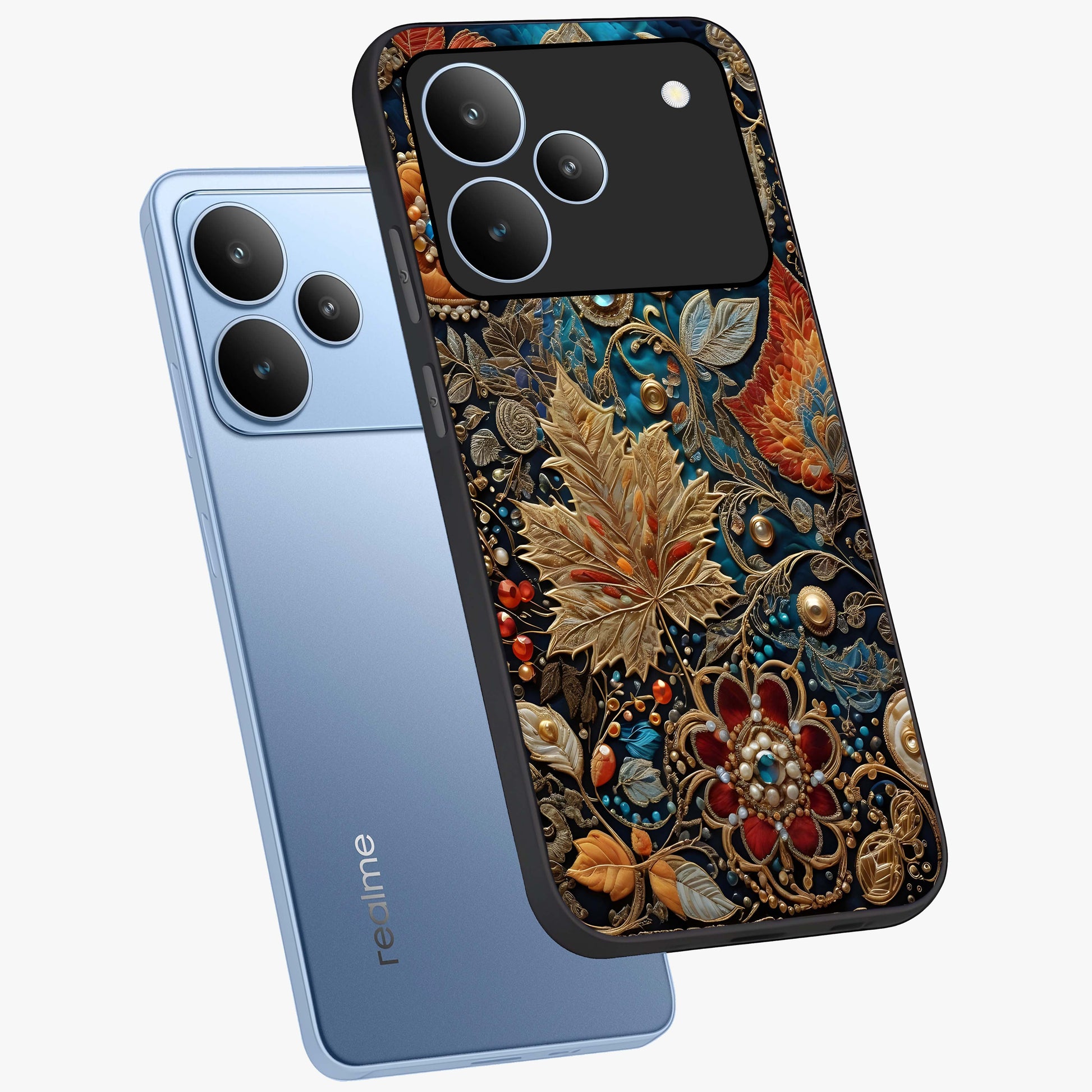Royal Jewel Garden Glass Case displayed in angled mockup highlighting vibrant jewel inspired floral design with elegant aesthetic.