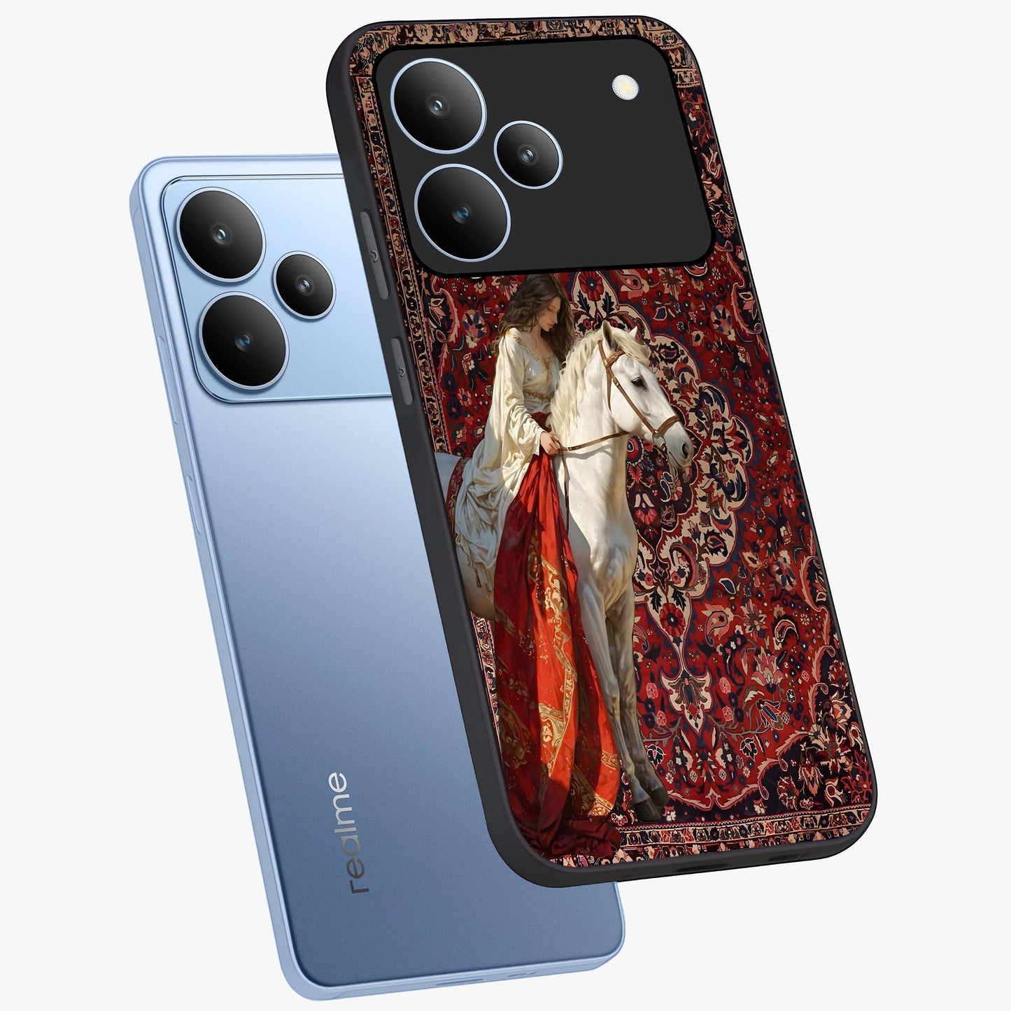 Royal Rider Tapestry Glass Case displayed in angled mockup highlighting traditional tapestry design with royal heritage aesthetic.