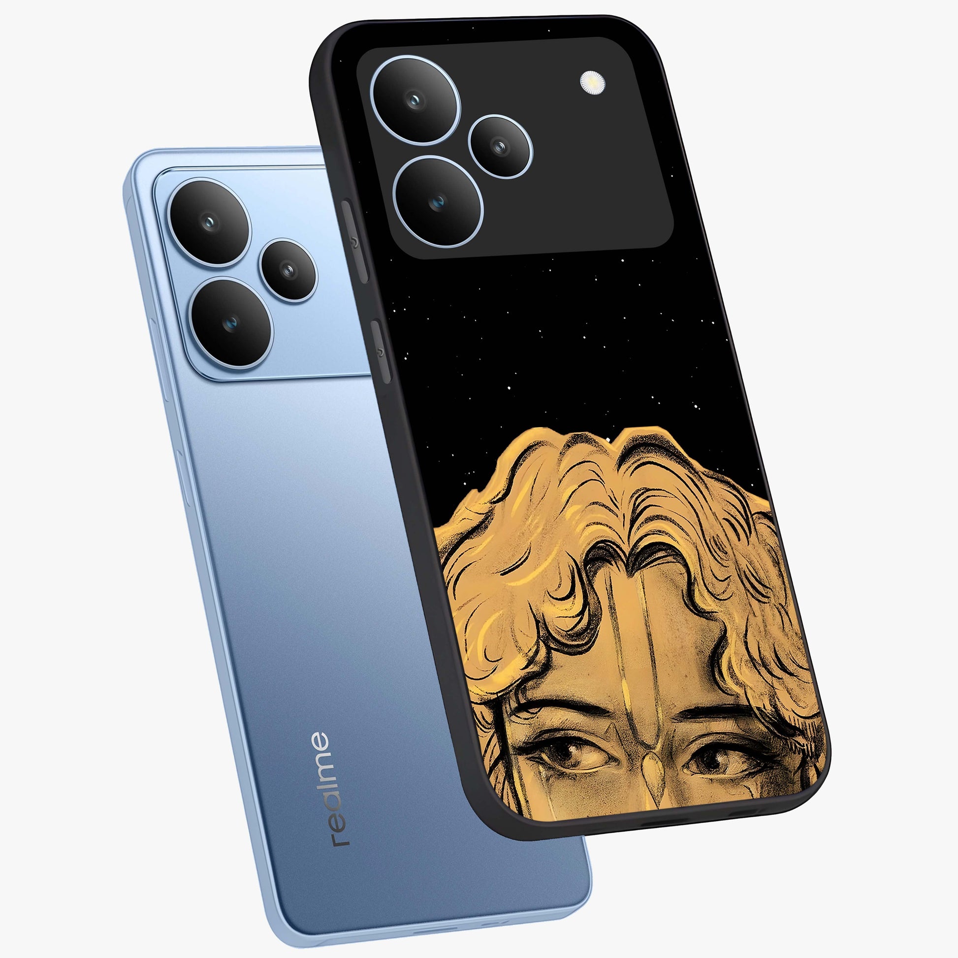 Shri Krishna Art Glass Case displayed in angled mockup highlighting spiritual Krishna illustration with divine aesthetic.