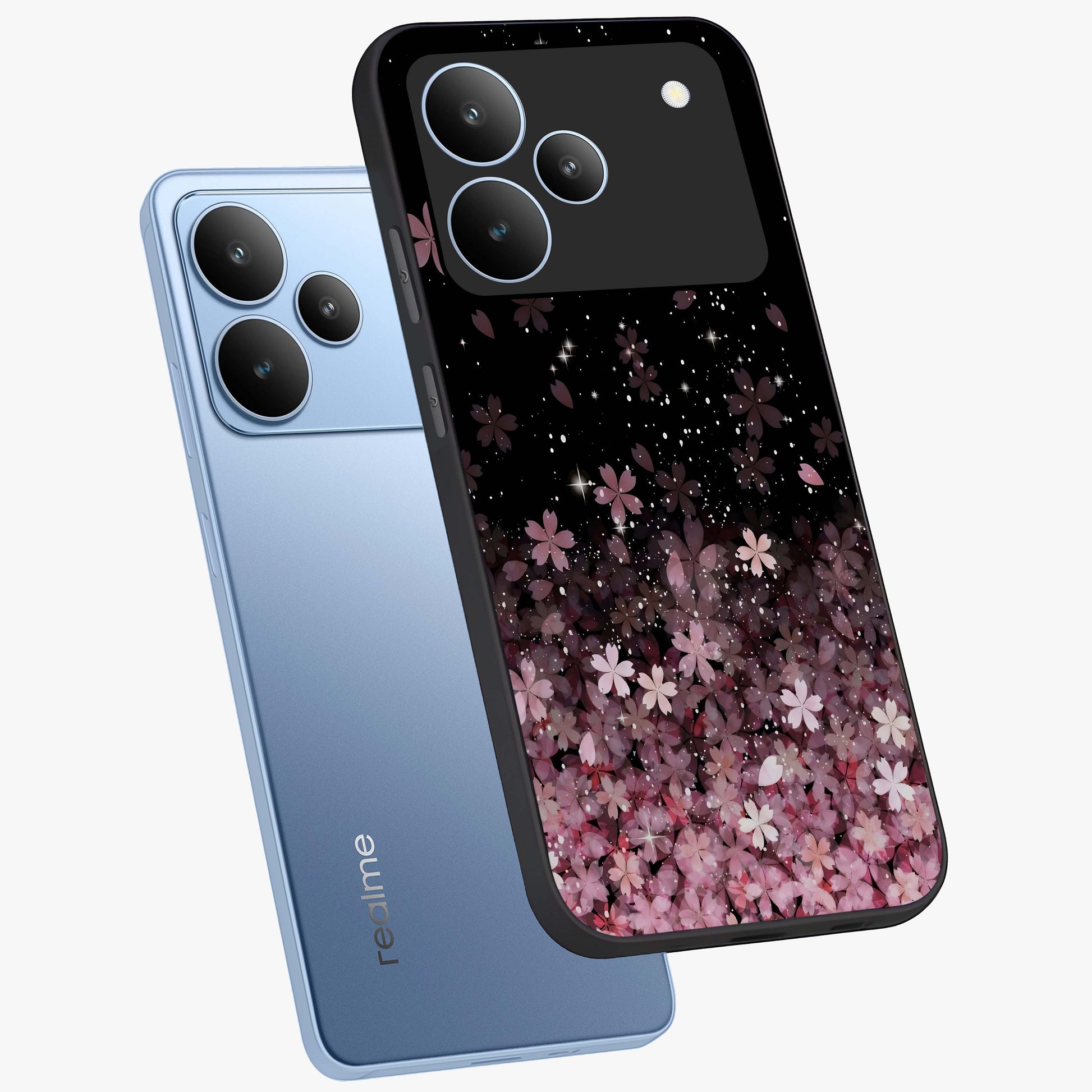 Small Starry Flowers Glass Case displayed in angled mockup highlighting tiny flower pattern with celestial aesthetic style.