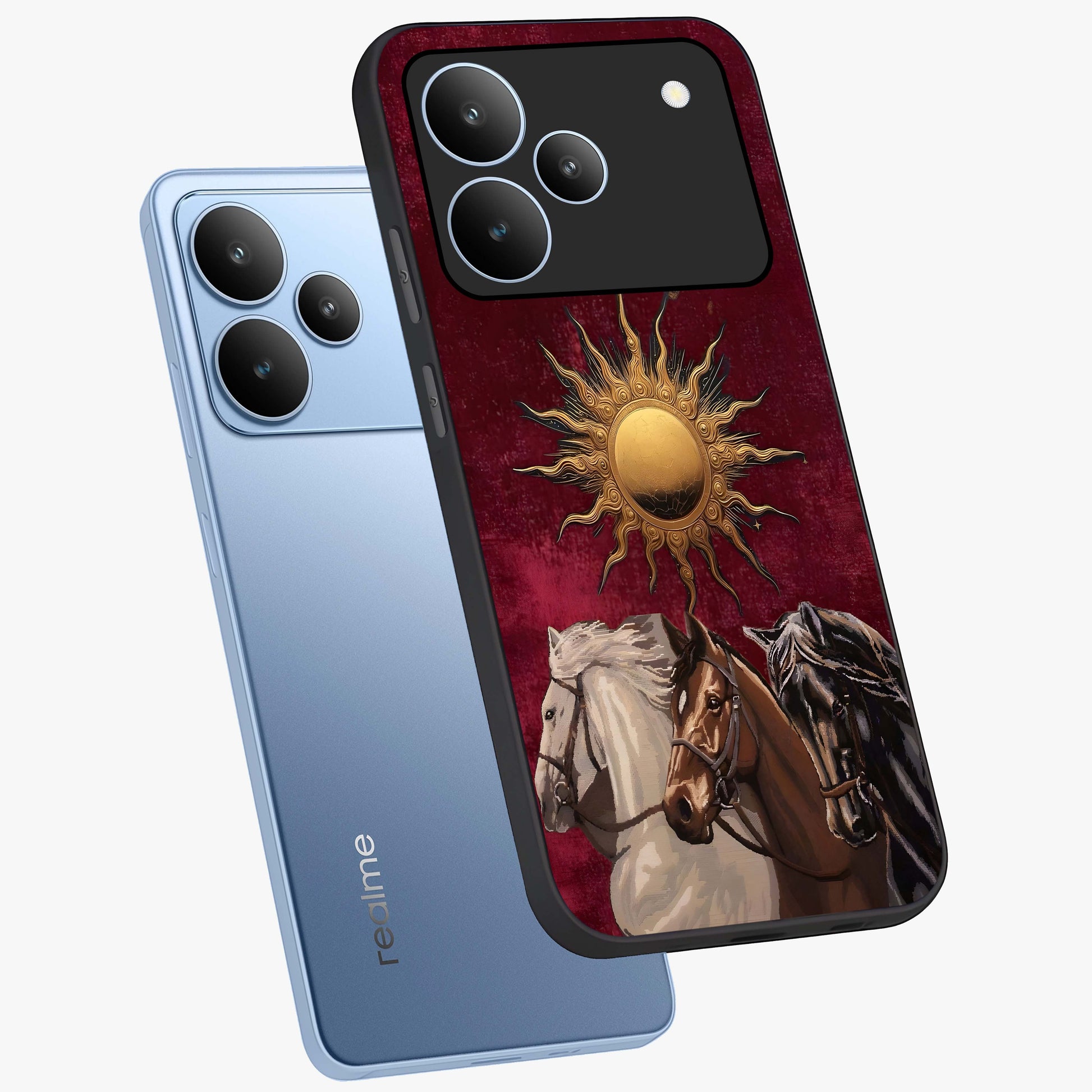Solar Riders Glass Case displayed in angled mockup highlighting powerful rider illustration with radiant solar aesthetic.