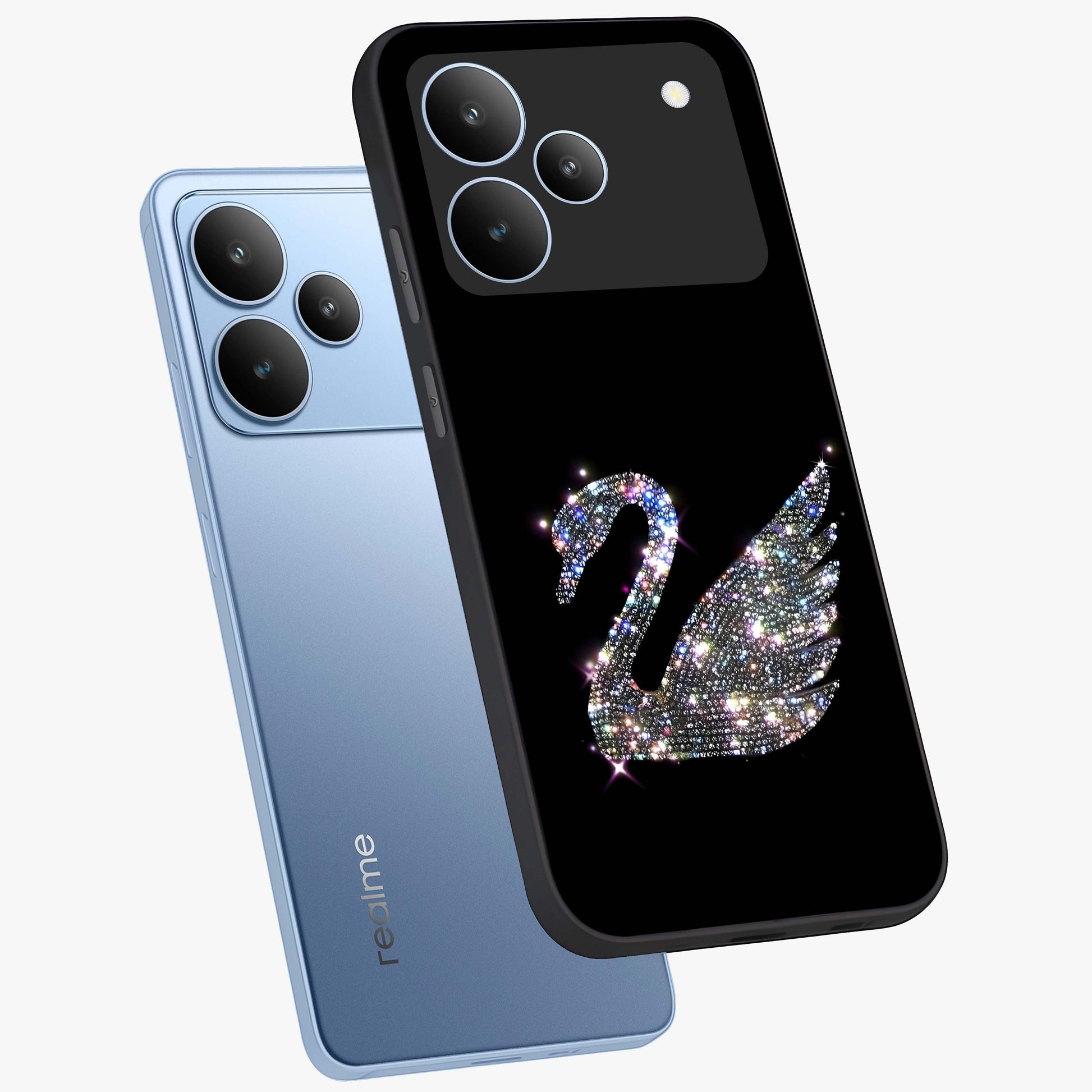 Starlit Swan Grace Glass Case displayed in angled mockup highlighting elegant swan illustration with dreamy celestial aesthetic.