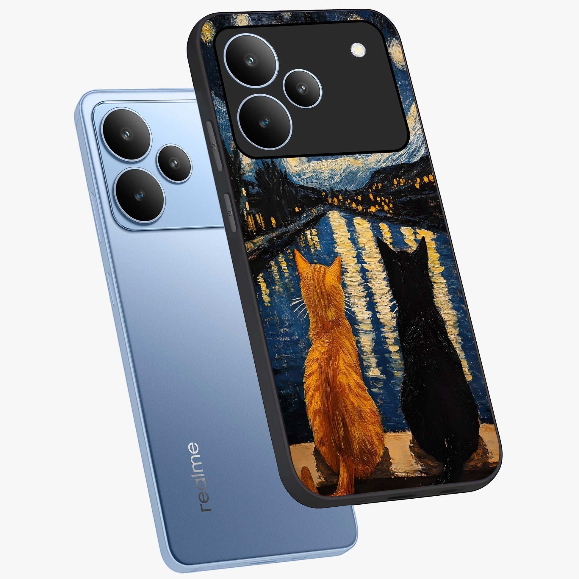Starry River Cats Glass Case displayed in angled mockup highlighting charming feline illustration with dreamy night aesthetic.