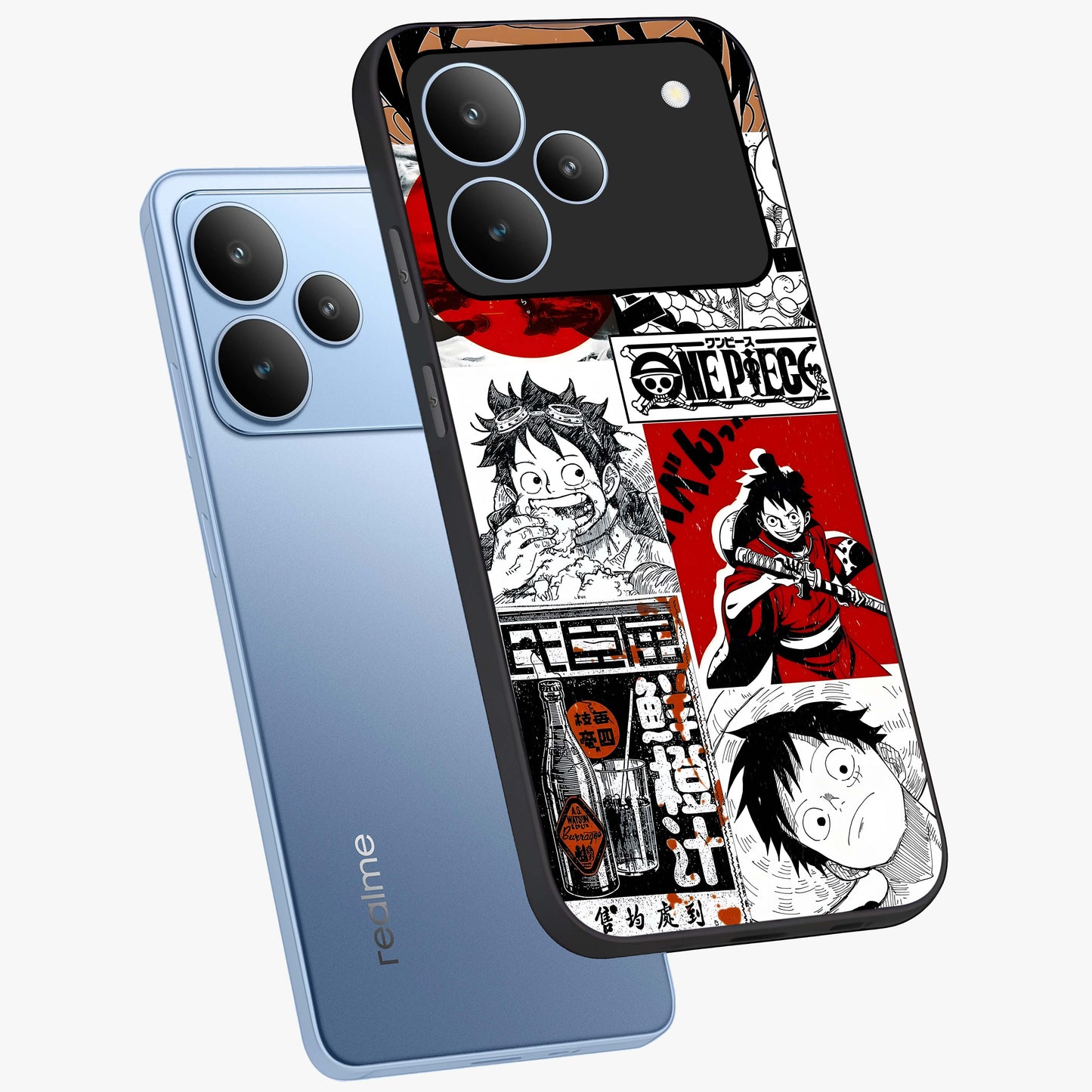 Strawhat Chaos Panels Glass Case displayed in angled mockup highlighting vibrant anime collage design with action aesthetic.