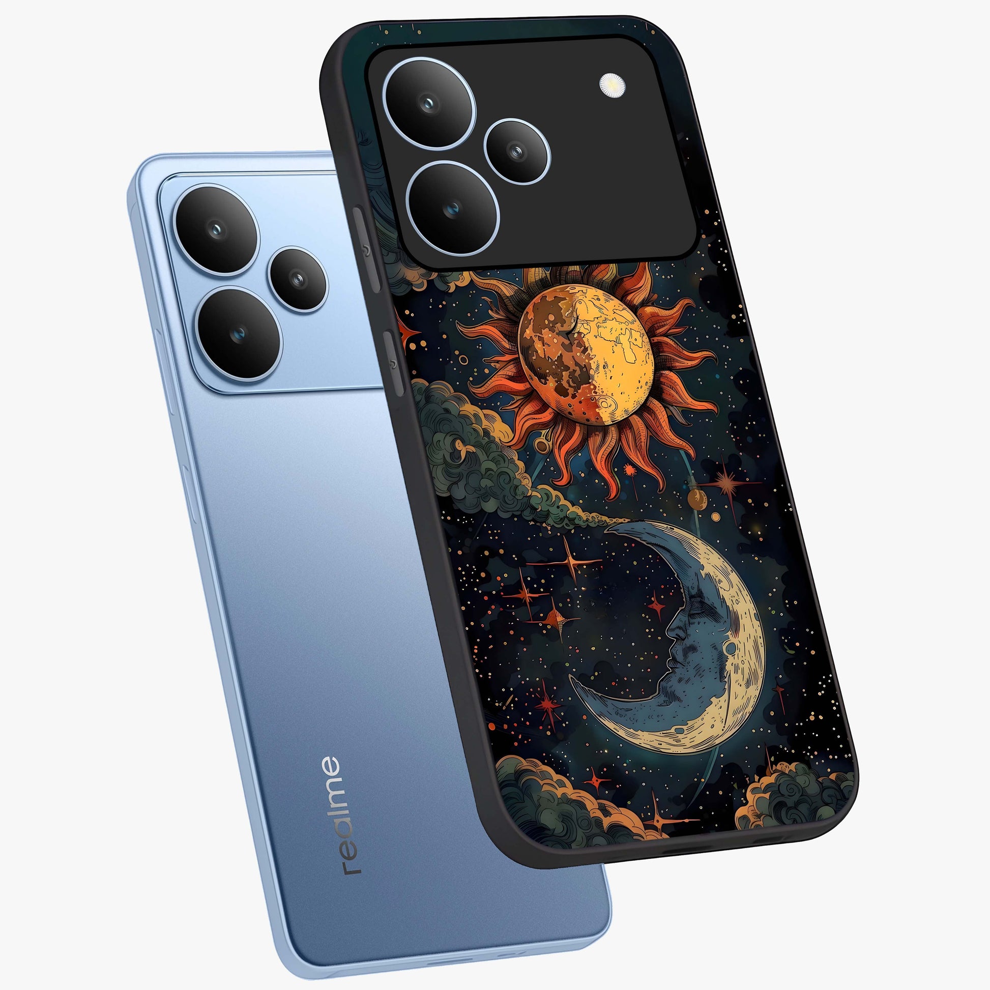 Sun And Moon Magic Design Glass Case displayed in angled mockup highlighting celestial design with magical cosmic aesthetic.