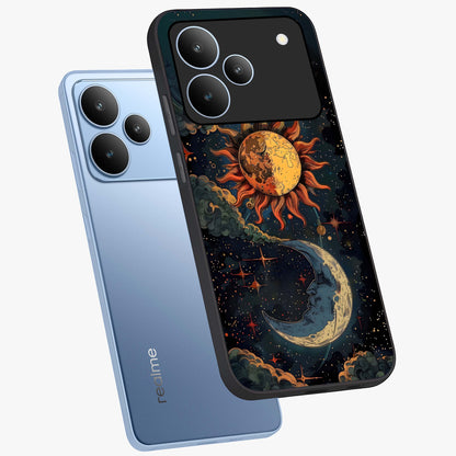 Sun And Moon Magic Design Glass Case displayed in angled mockup highlighting celestial design with magical cosmic aesthetic.