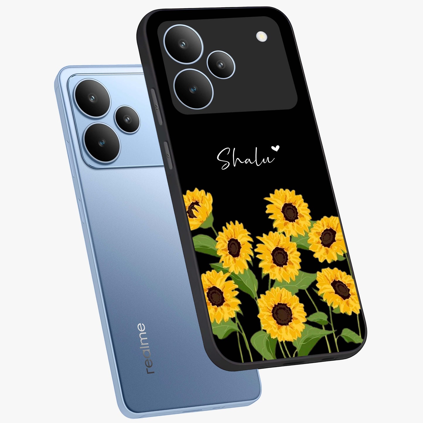 Sunflower Chic Mood Custom Name Glass Case displayed in angled mockup highlighting vibrant sunflower design with custom name feature.