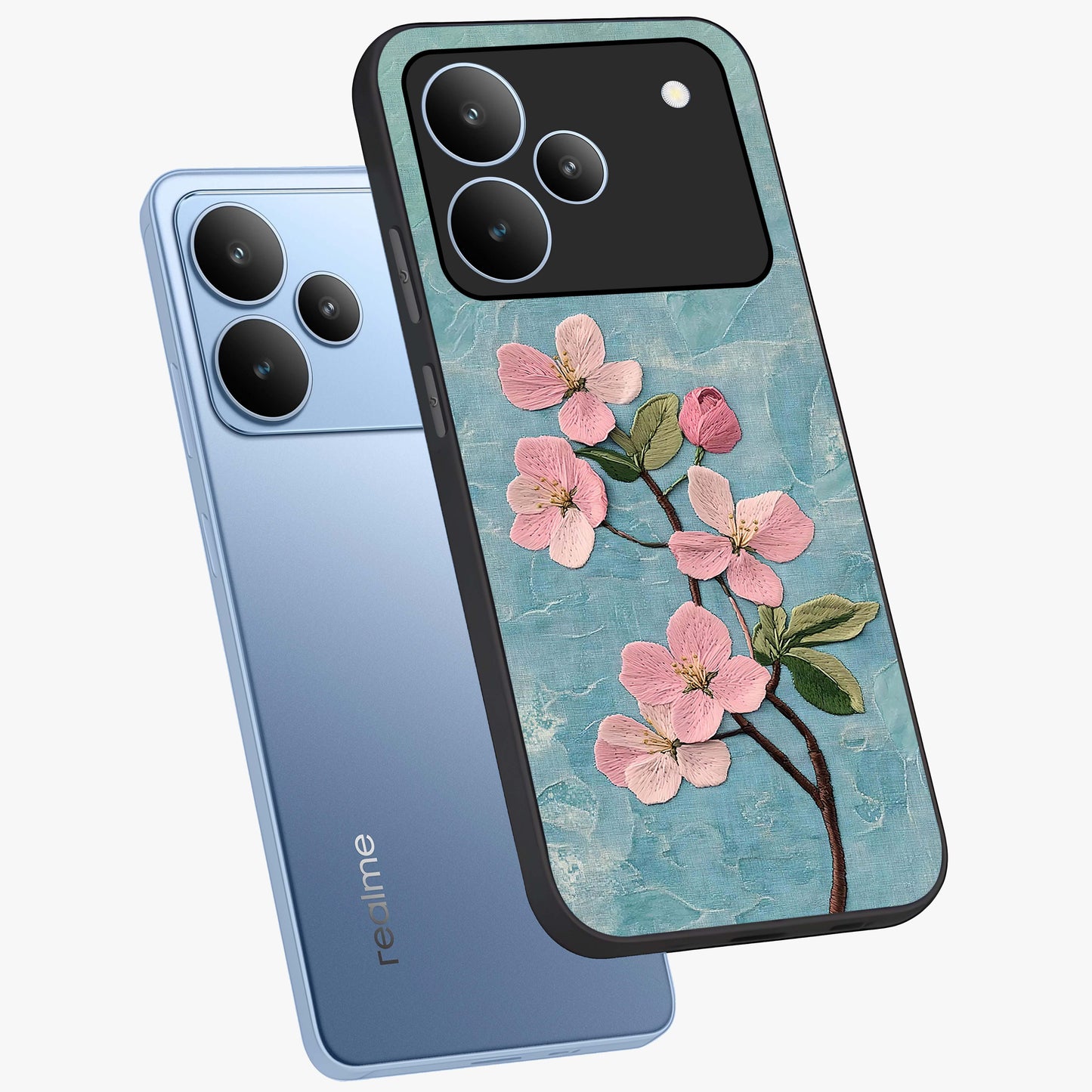 Threaded Blossom Breeze Glass Case displayed in angled mockup highlighting elegant floral design with soft aesthetic style.
