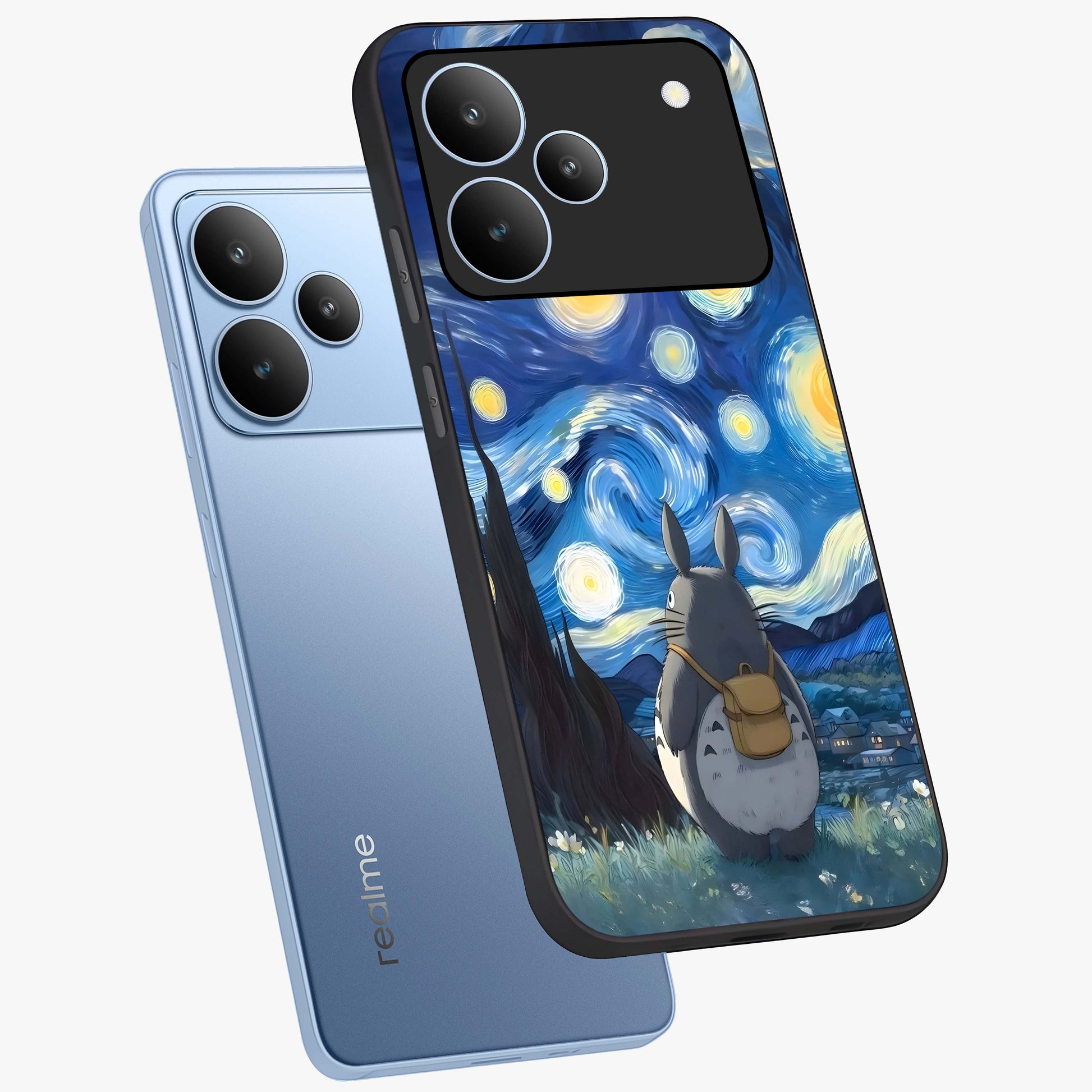 Totoro In Van Gogh Art Glass Case displayed in angled mockup highlighting artistic swirling sky design with playful animation aesthetic.