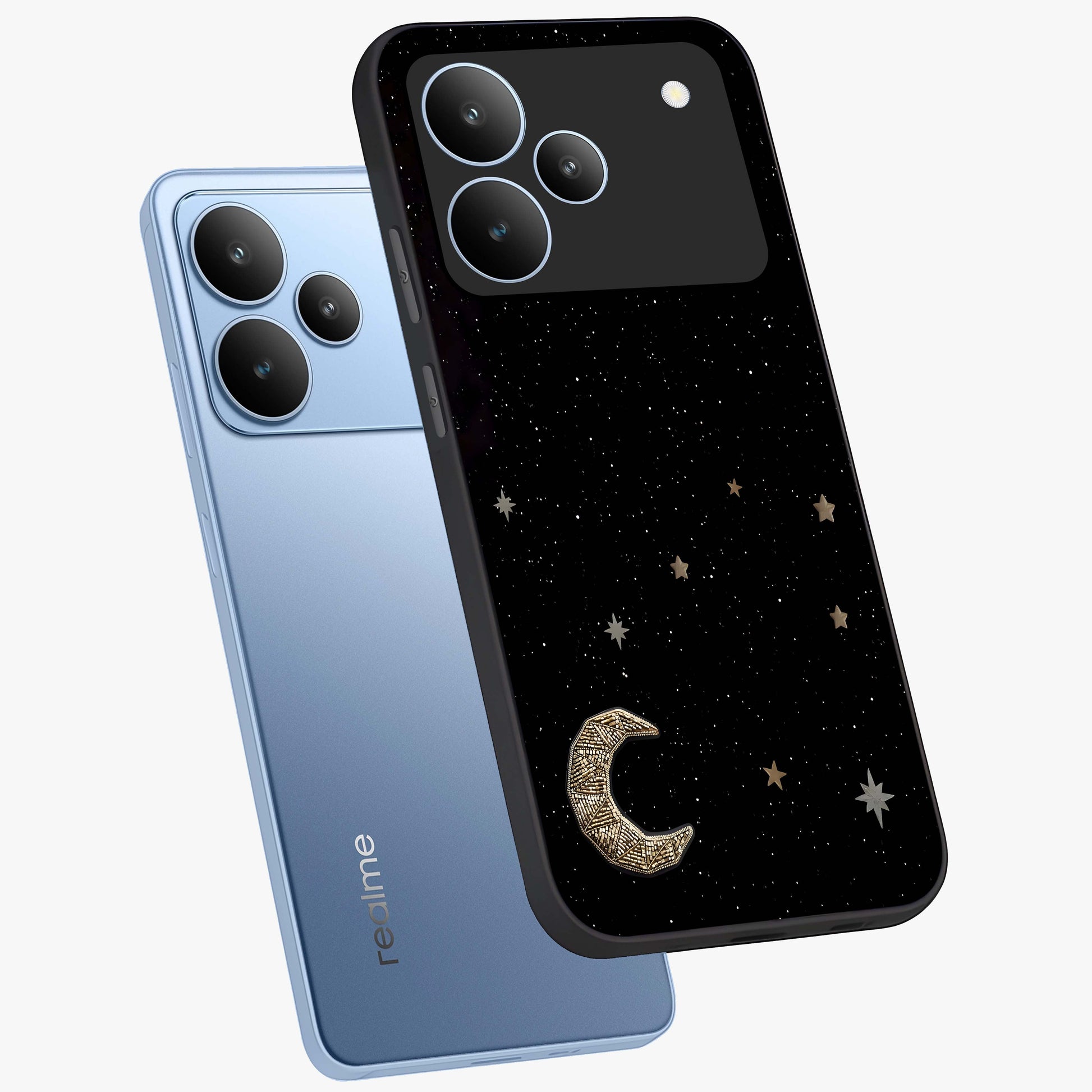 Twinkle Star With Half Moon Glass Case displayed in angled mockup highlighting celestial moon and star design with magical aesthetic.