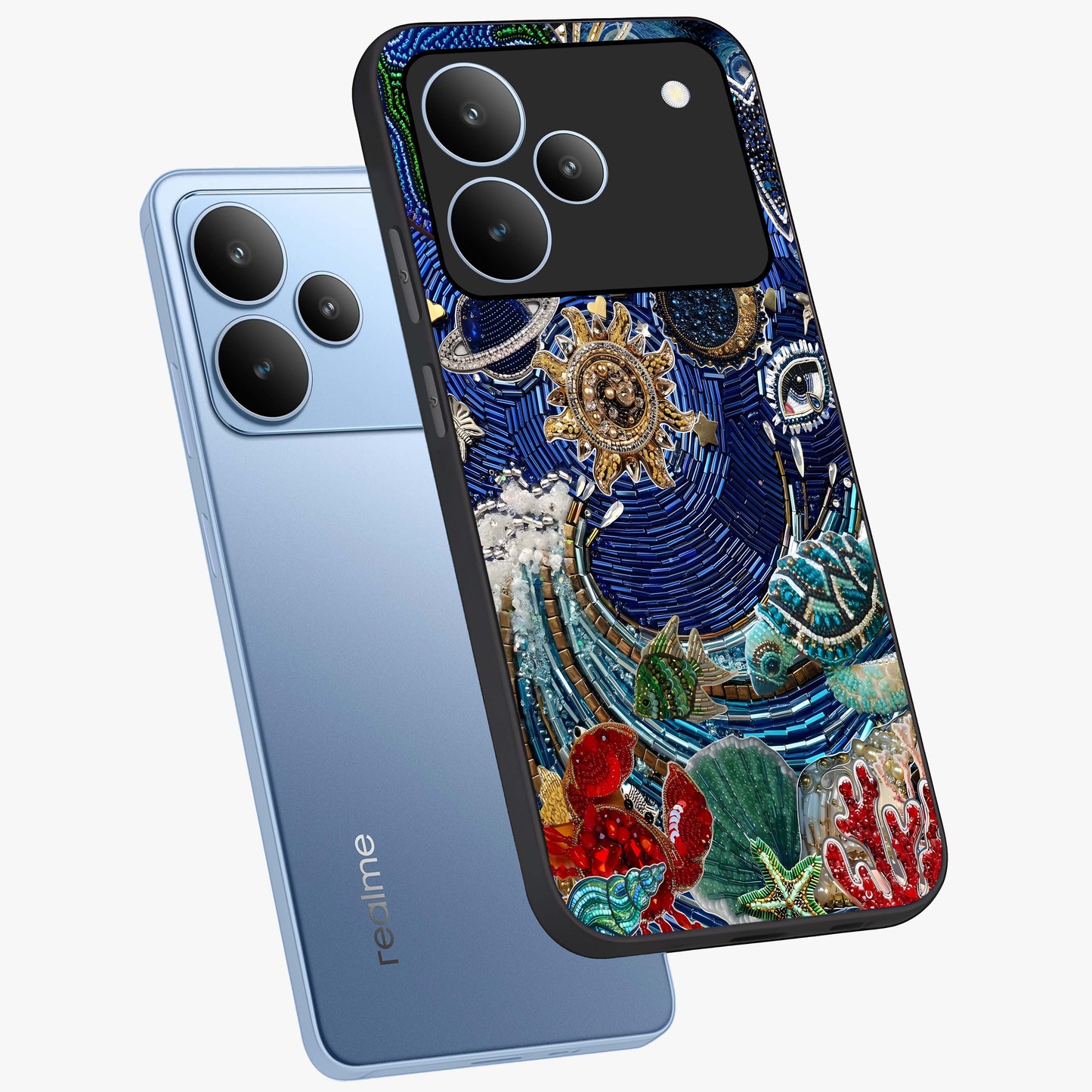 Universe Underwater Spark Glass Case displayed in angled mockup highlighting glowing aquatic design with celestial aesthetic.