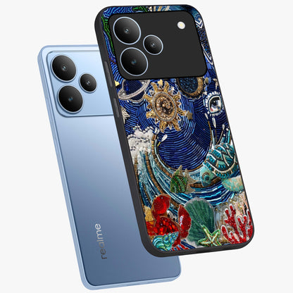 Universe Underwater Spark Glass Case displayed in angled mockup highlighting glowing aquatic design with celestial aesthetic.
