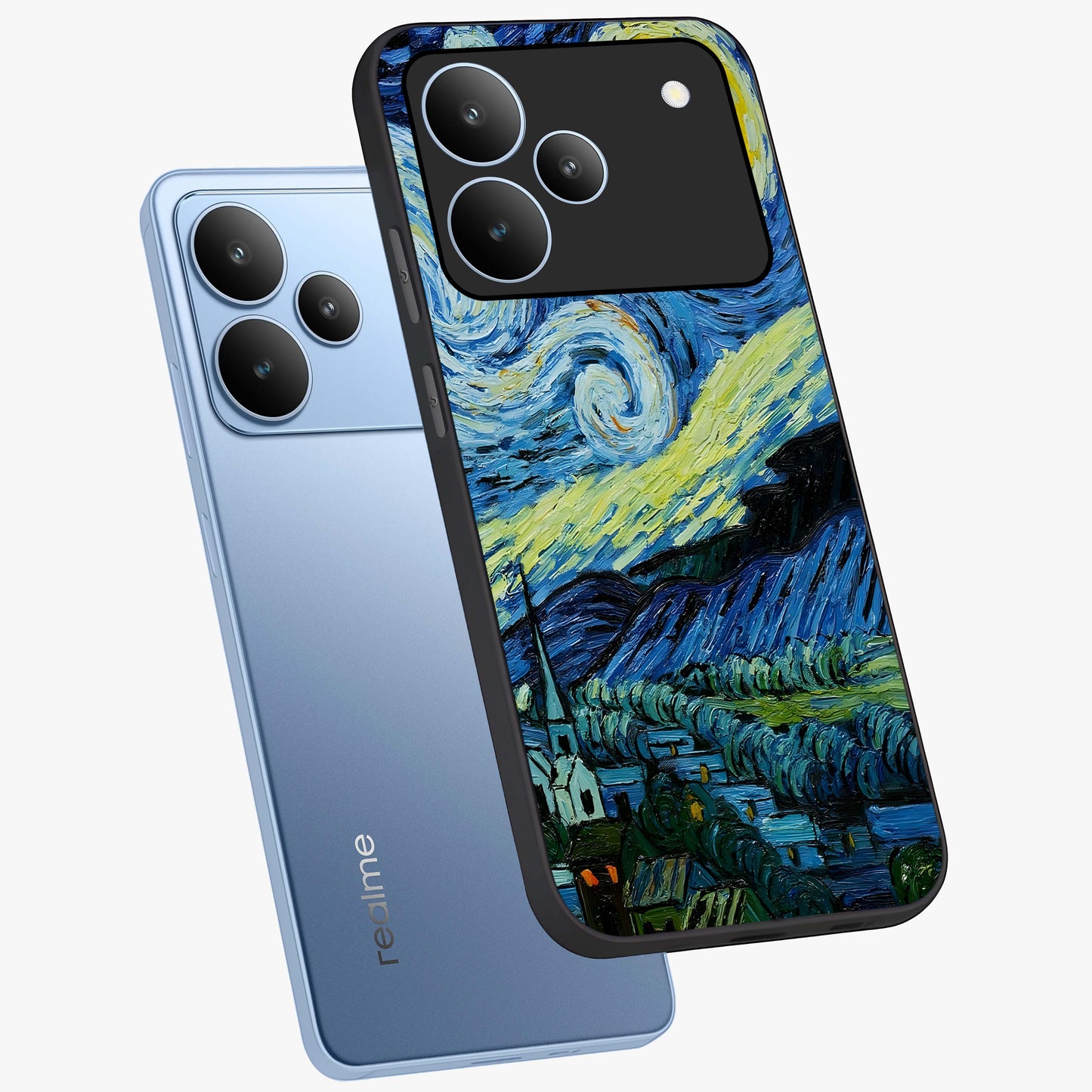 Van Gogh Art Glass Case displayed in angled mockup highlighting swirling brushstroke design with artistic aesthetic.