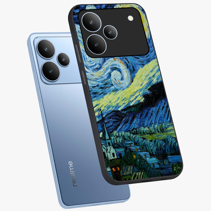 Van Gogh Art Glass Case displayed in angled mockup highlighting swirling brushstroke design with artistic aesthetic.