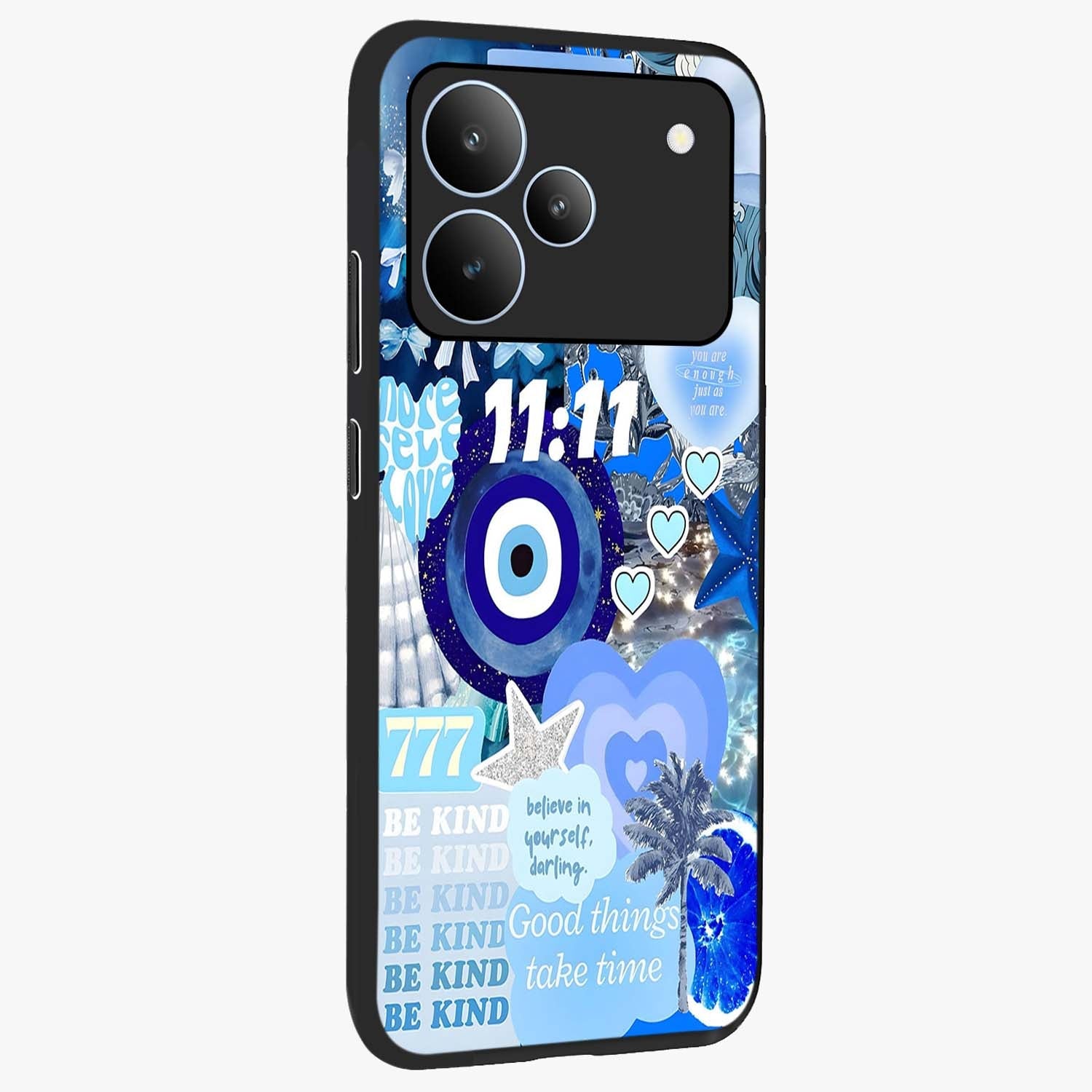 Aesthetic Be Kind Eye Glass Case upright view showcasing stylish eye illustration with positive message theme.