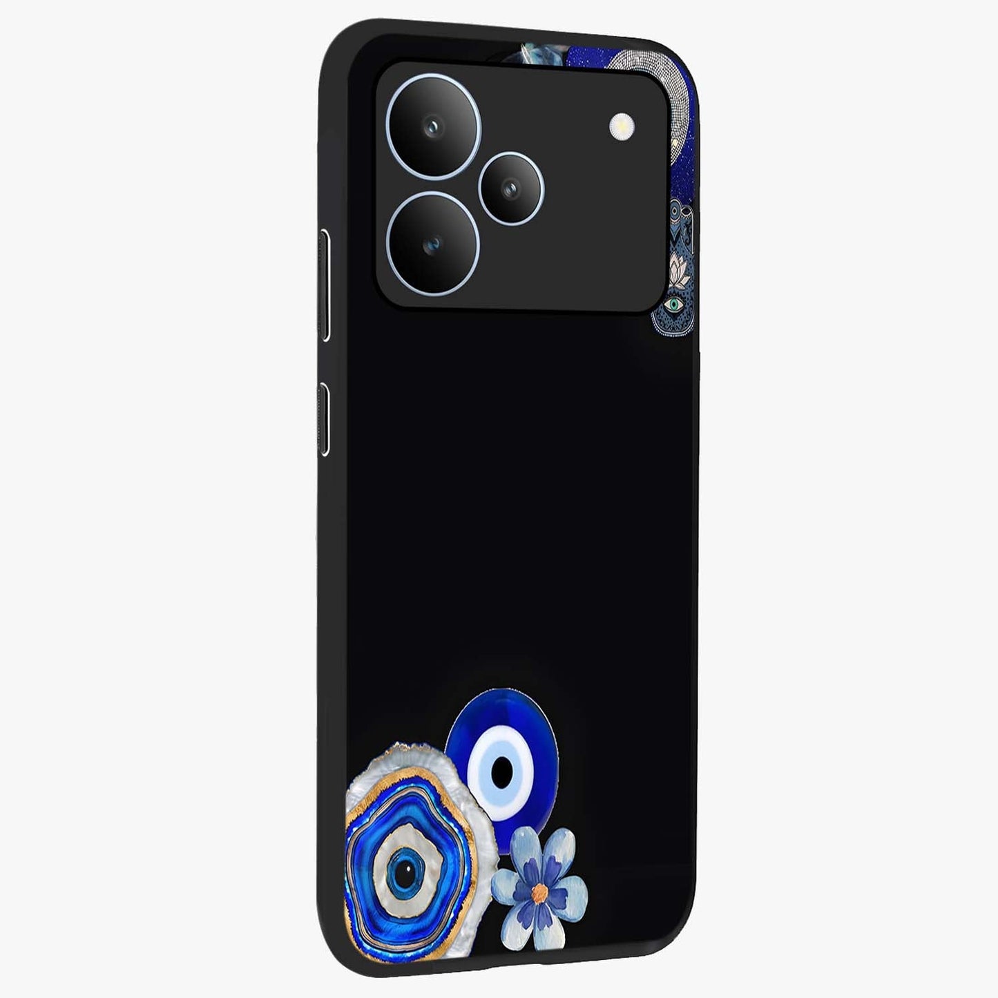 Aesthetic Blue Evil Eye Glass Case upright view showcasing mystical evil eye graphic with minimal aesthetic style.