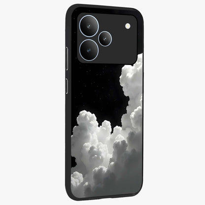Black Background With White Cloud Glass Case upright view showcasing calm cloud aesthetic with modern minimal style.