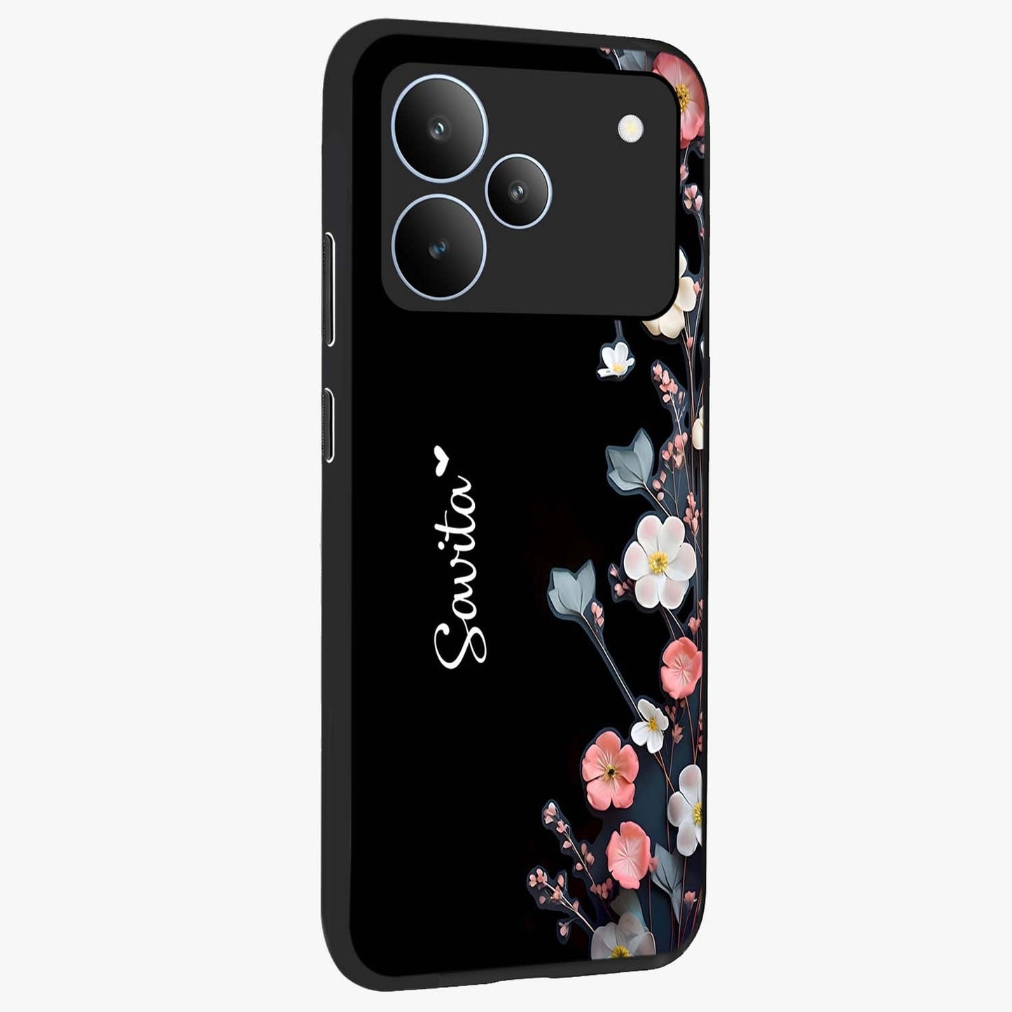 Black Elegance Floral Custom Name Glass Case upright view showcasing luxurious black floral design with personalized name detail.