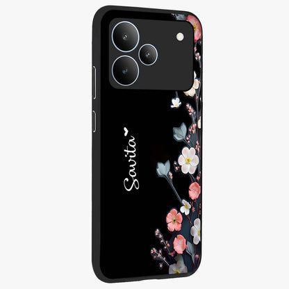 Black Elegance Floral Custom Name Glass Case upright view showcasing luxurious black floral design with personalized name detail.