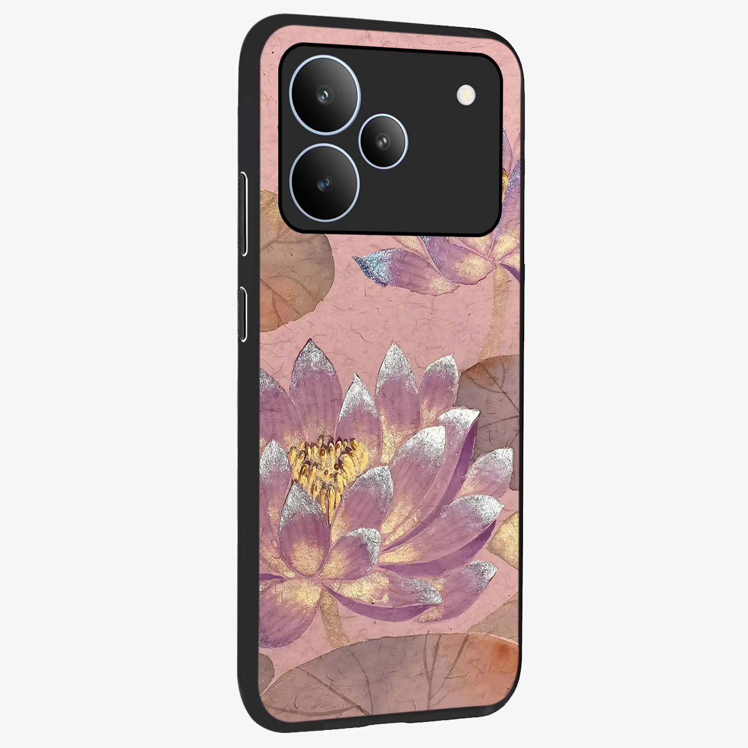Blossom Mist Lotus Glass Case upright view showcasing graceful lotus flower design with peaceful botanical style.
