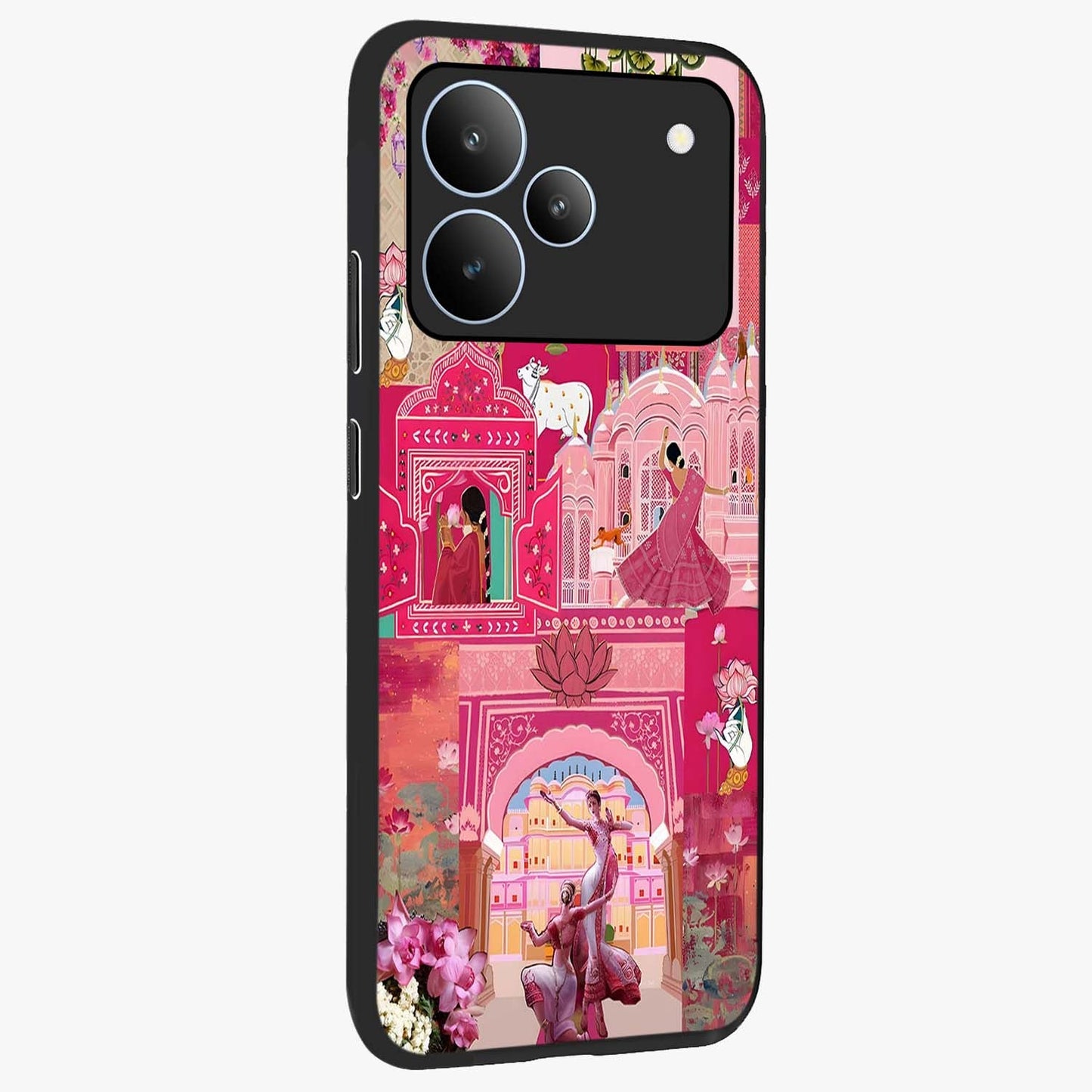 Blossoms of Rajasthan Glass Case upright view showcasing colorful floral design inspired by traditional Indian art.