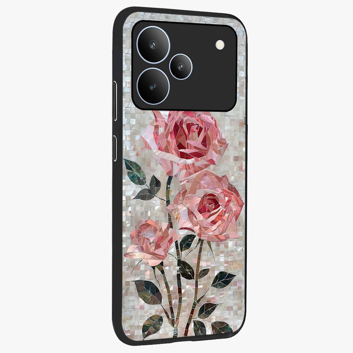Blush Mosaic Bloom Glass Case upright view showcasing decorative floral mosaic artwork with stylish modern aesthetic.