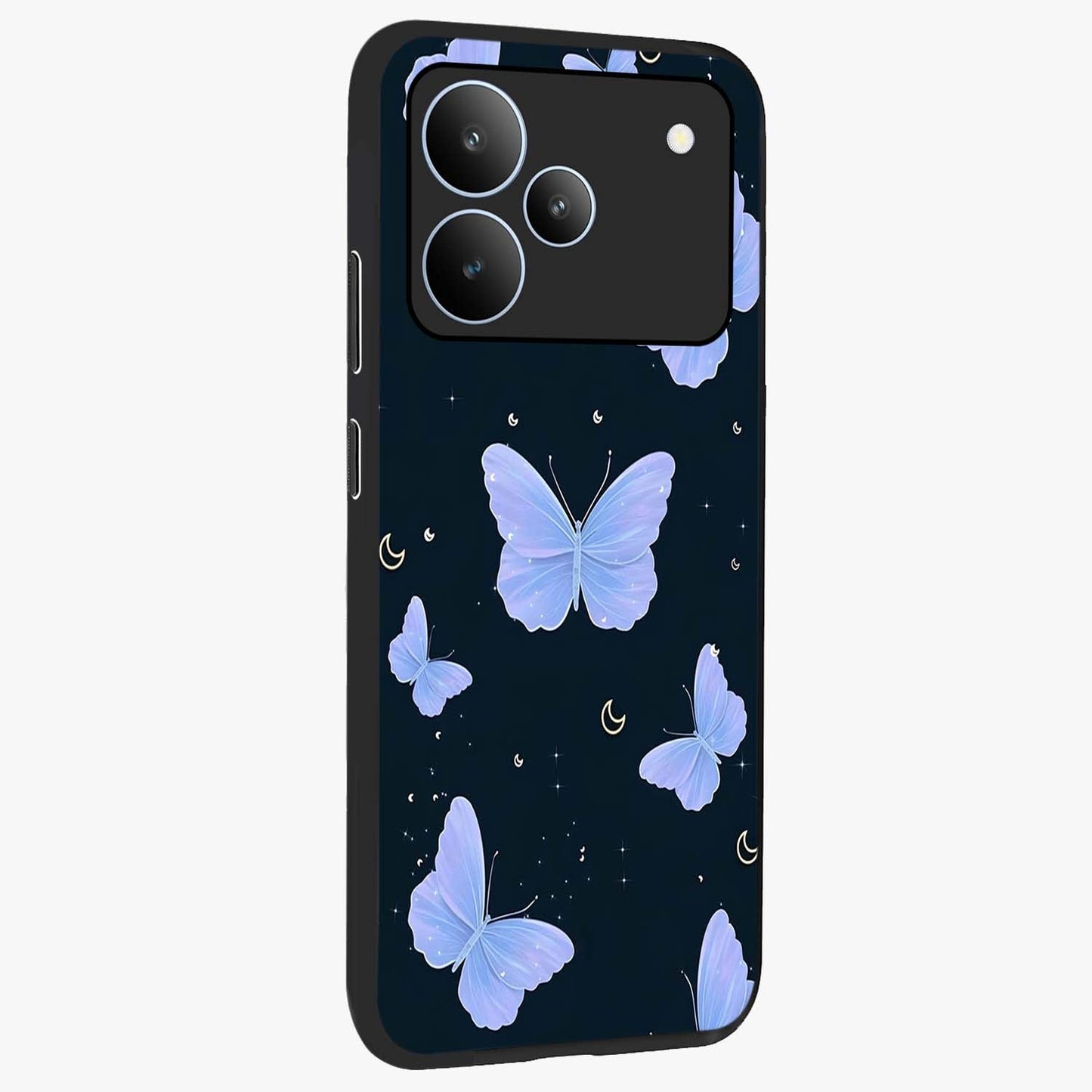 Butterfly With Stars Pattern Glass Case upright view showcasing celestial butterfly artwork with sparkling star elements.
