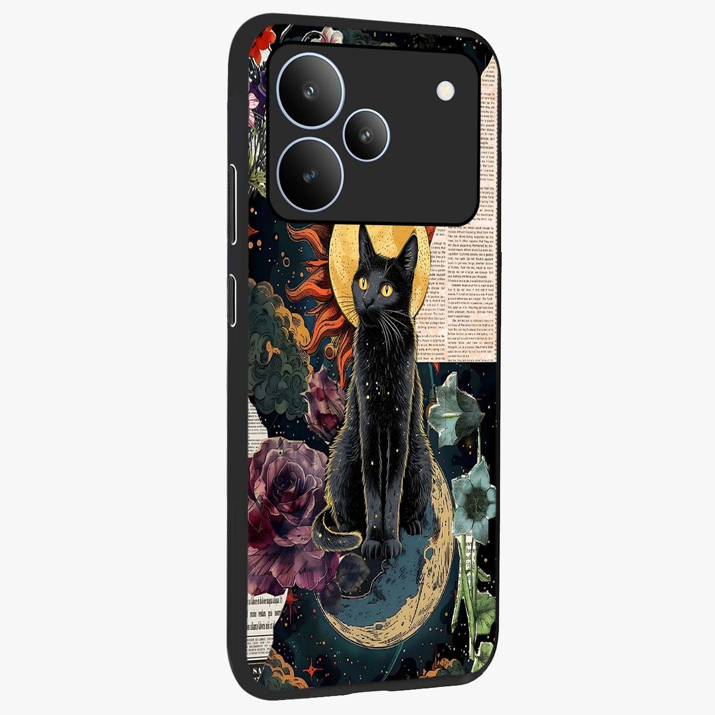 Celestial Black Cat Glass Case upright view showcasing magical black cat illustration with starry cosmic theme.